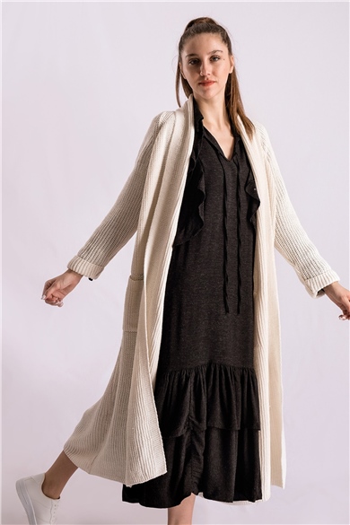 Şal Yaka Ekru Oversize Hırka