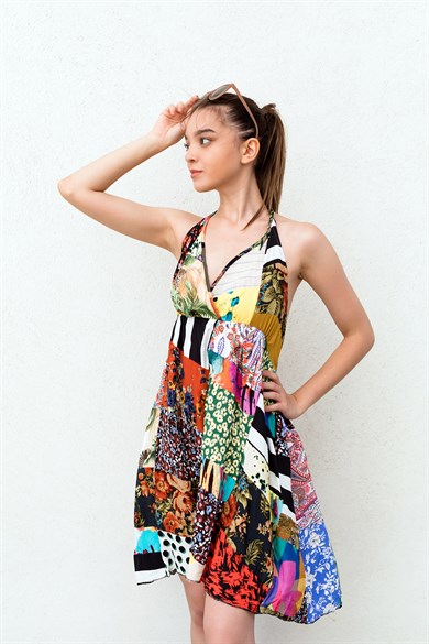 Sırtı Bağlamalı Patchwork Elbise