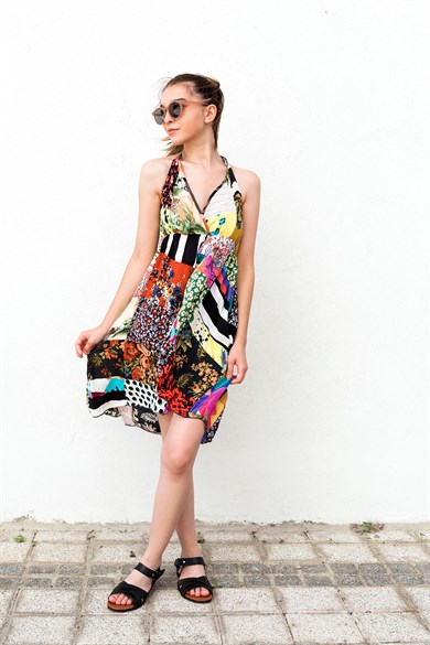 Sırtı Bağlamalı Patchwork Elbise