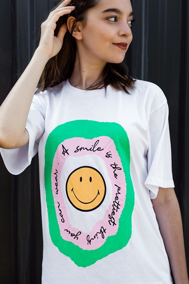 Smiley Baskılı Beyaz T-shirt
