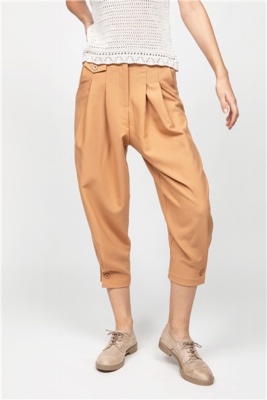 Taba Paçası Düğmeli Slouchy Pantolon