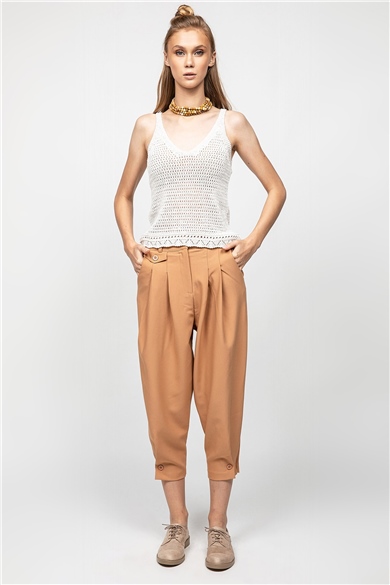 Taba Paçası Düğmeli Slouchy Pantolon
