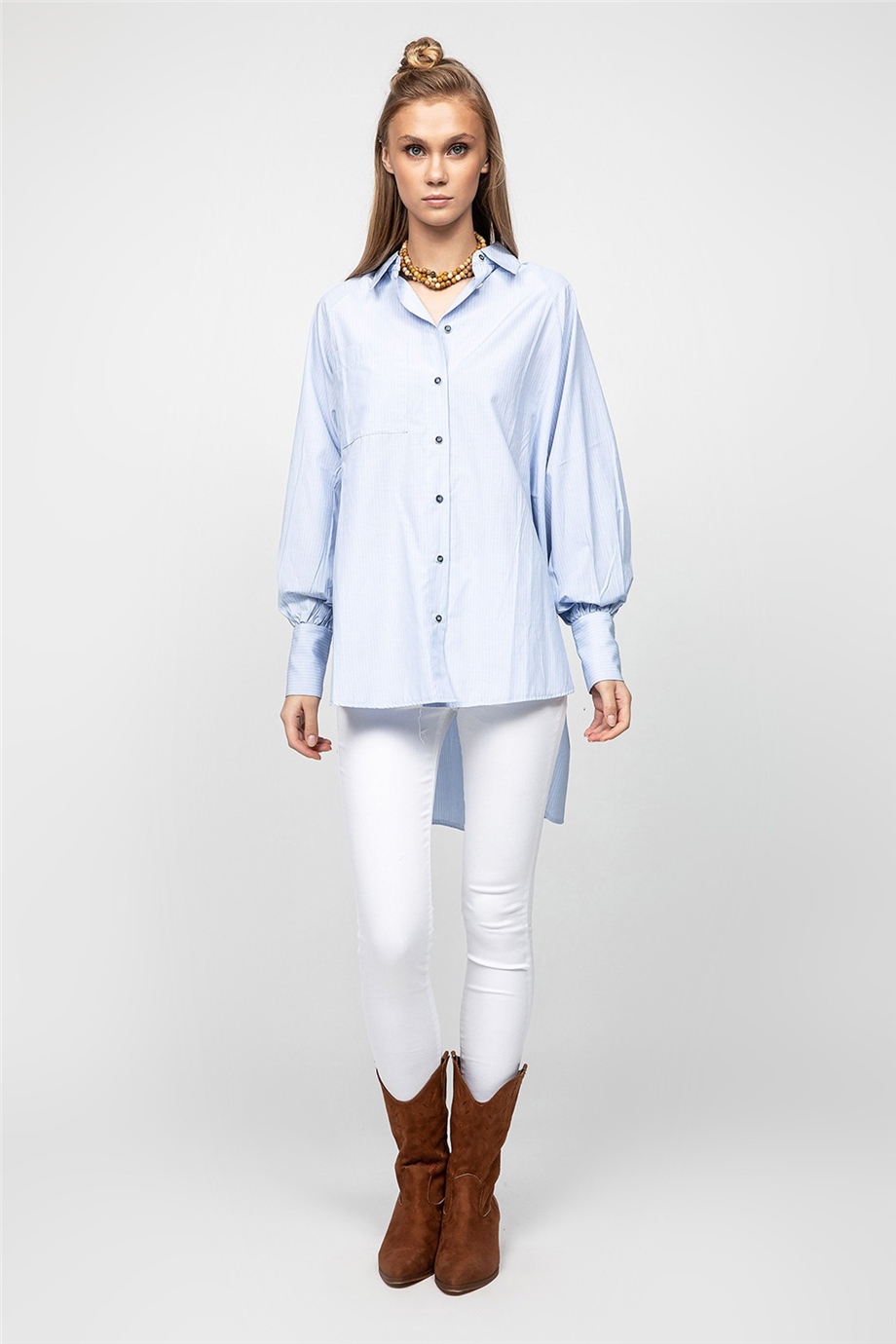 Çizgili Mavi Oversize Gömlek