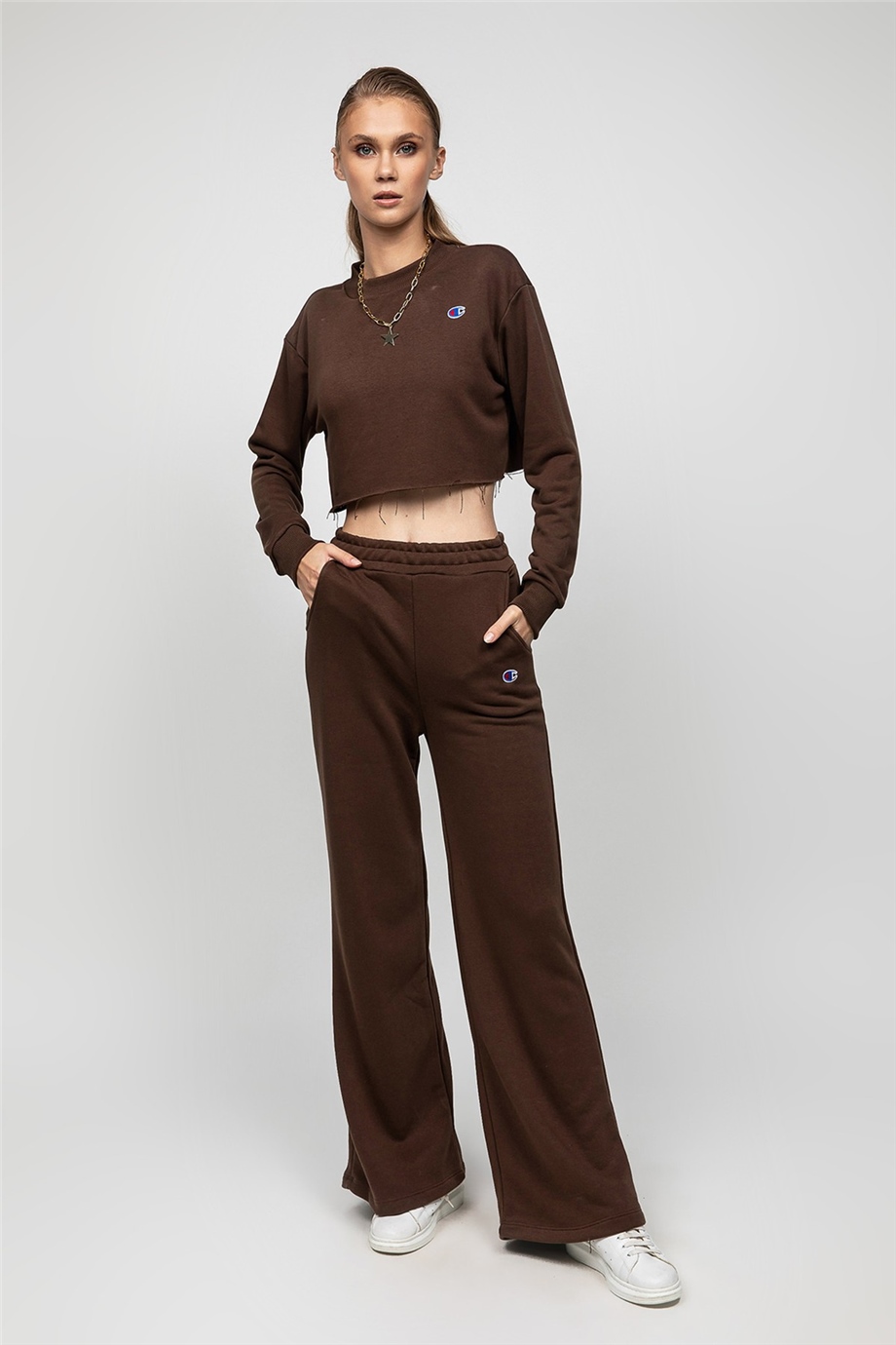 Kahverengi Crop Sweat Takım