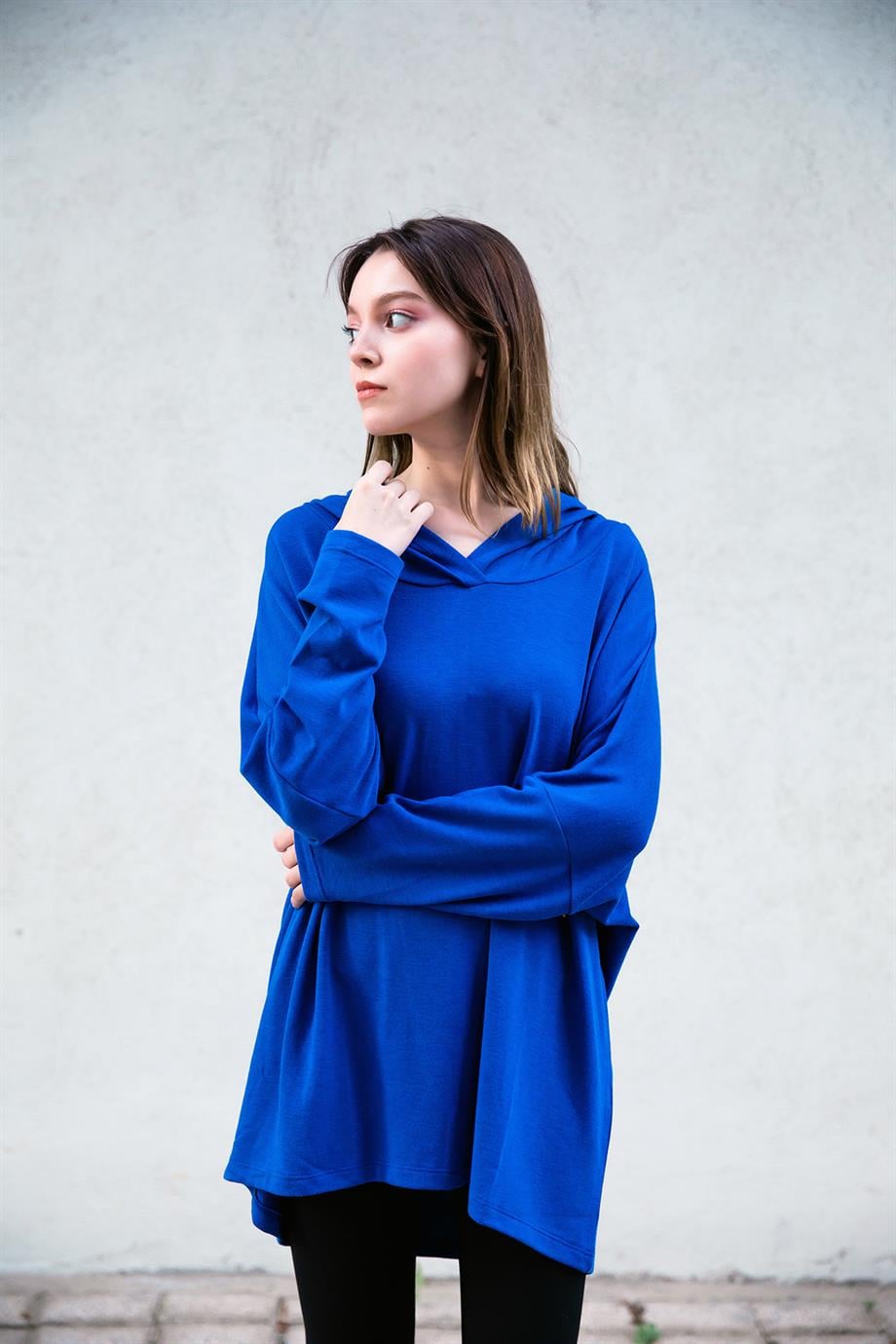 Kapüşonlu Saks Tunik