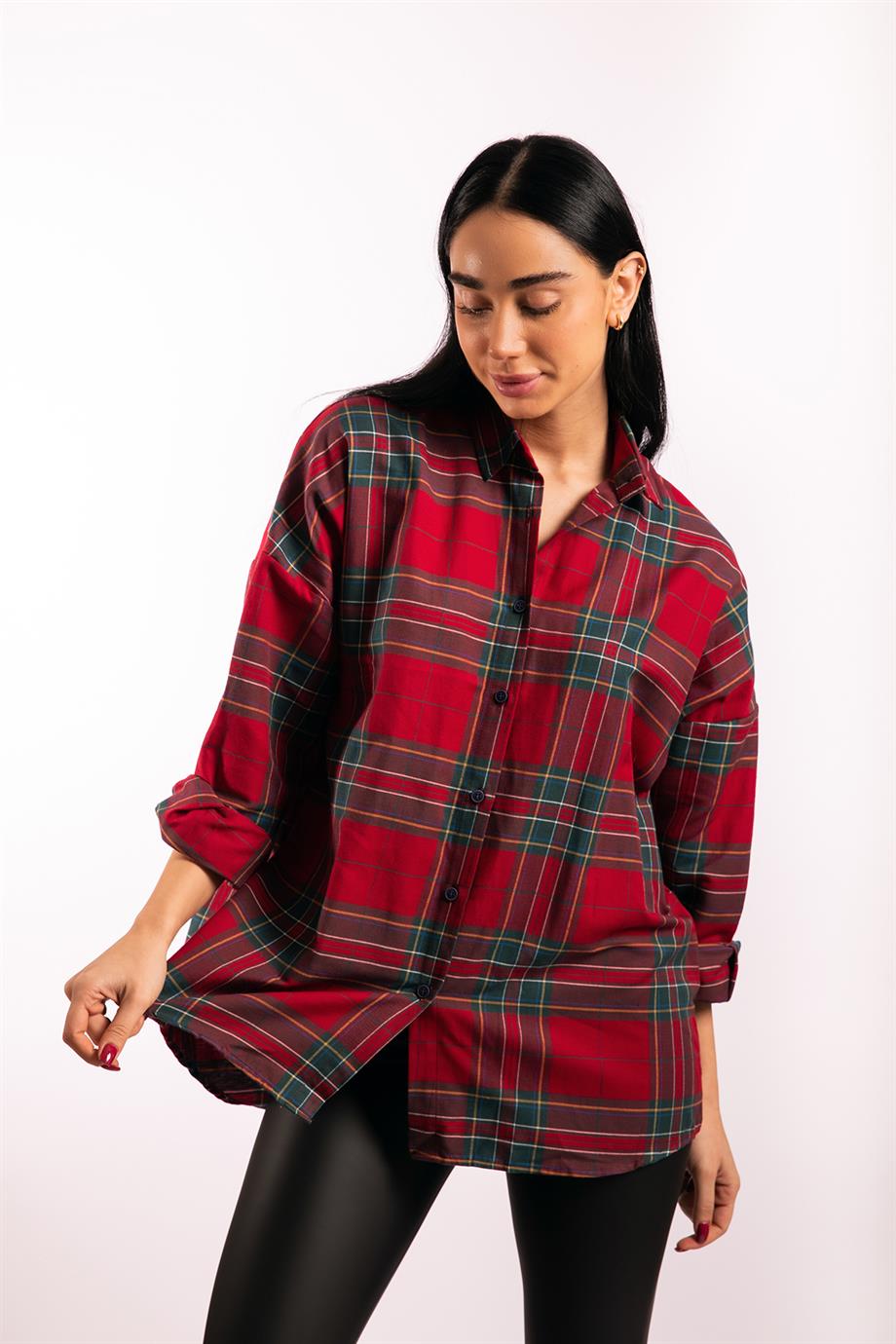 Kırmızı Yeşil Oversize Ekose Gömlek