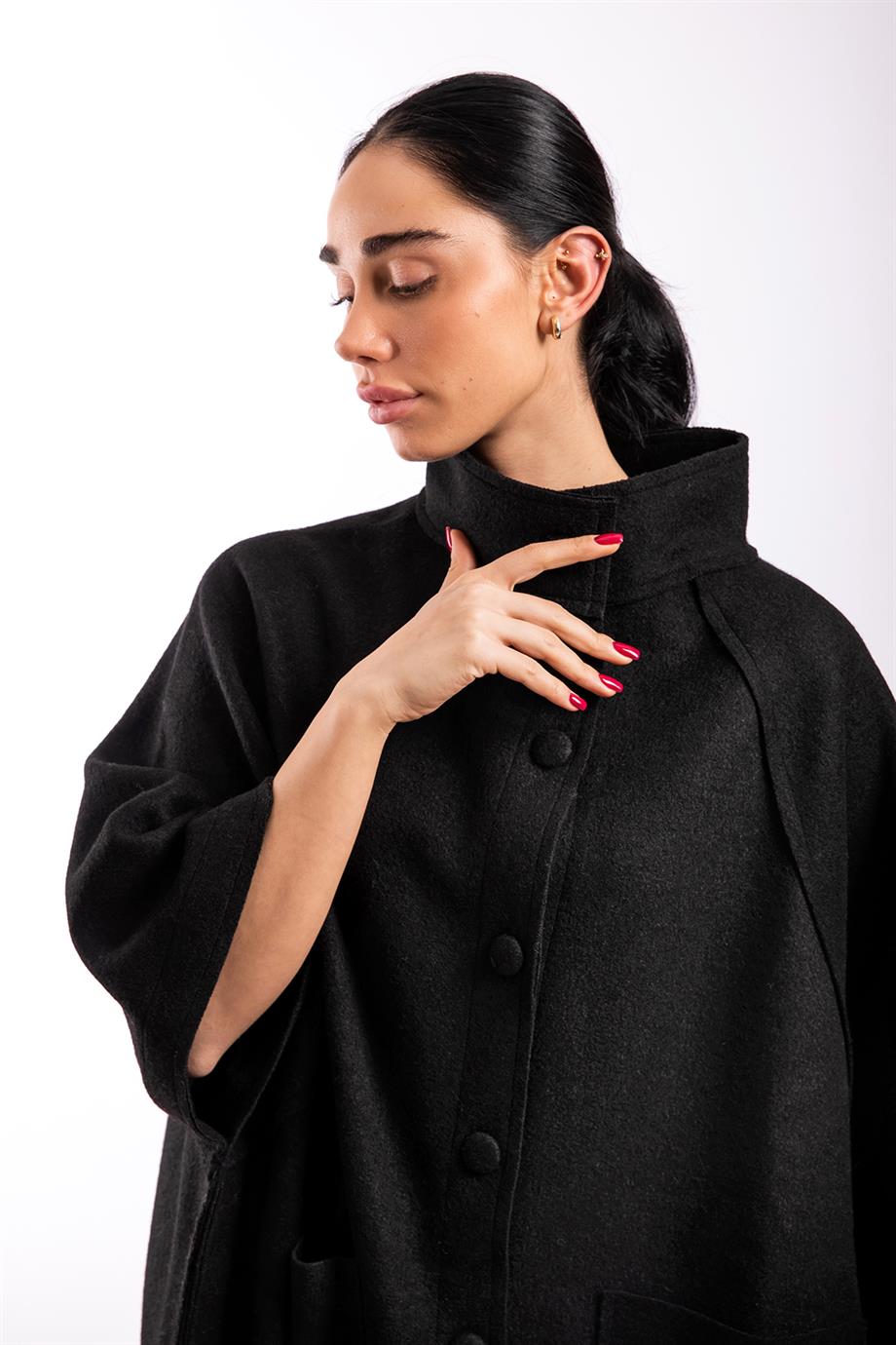 Siyah Oversize Keçe Kaban