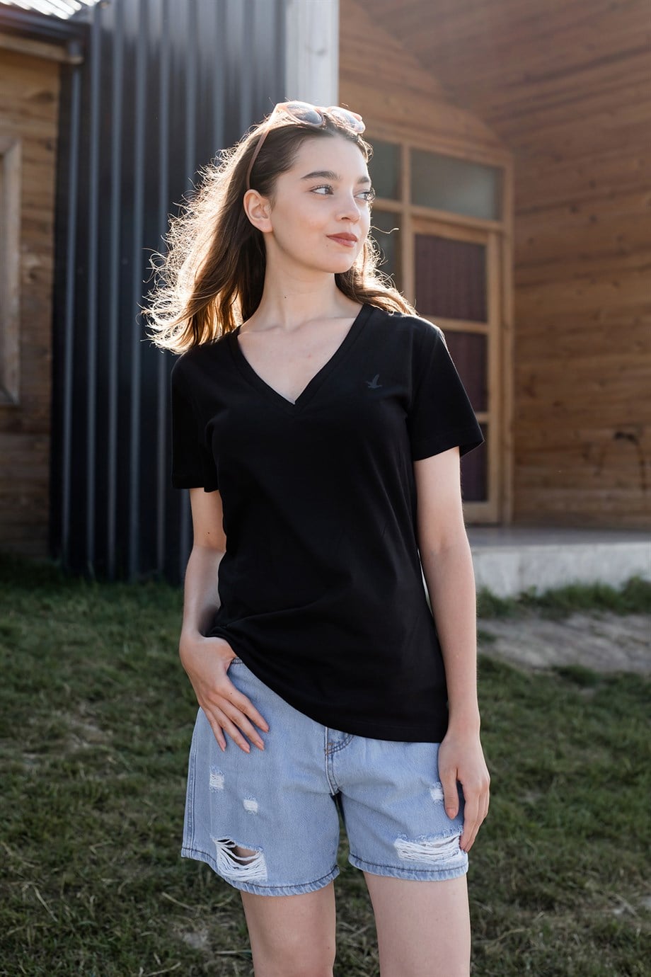 V Yaka Siyah T-shirt