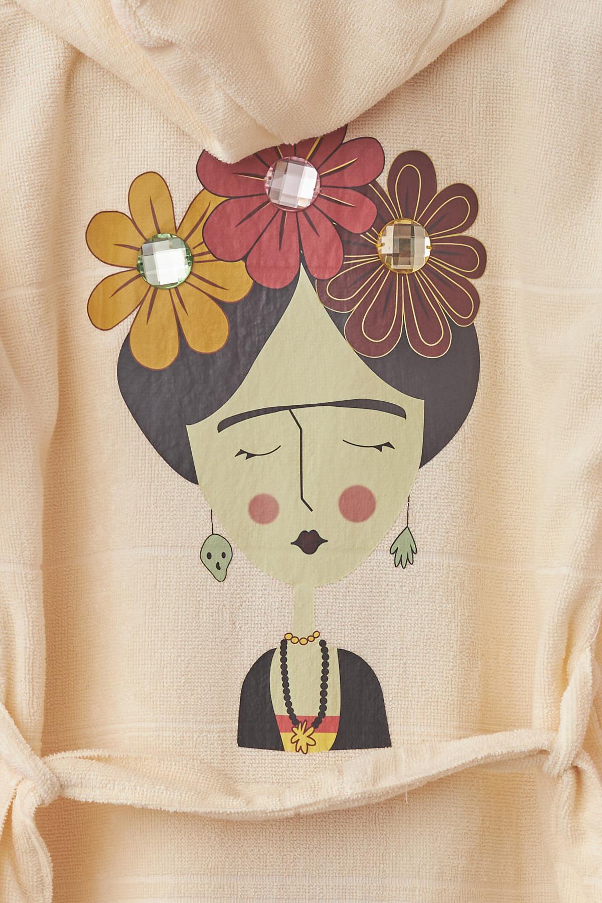 Girls Cream Colored Frida Printed Pestemal Bathrobe