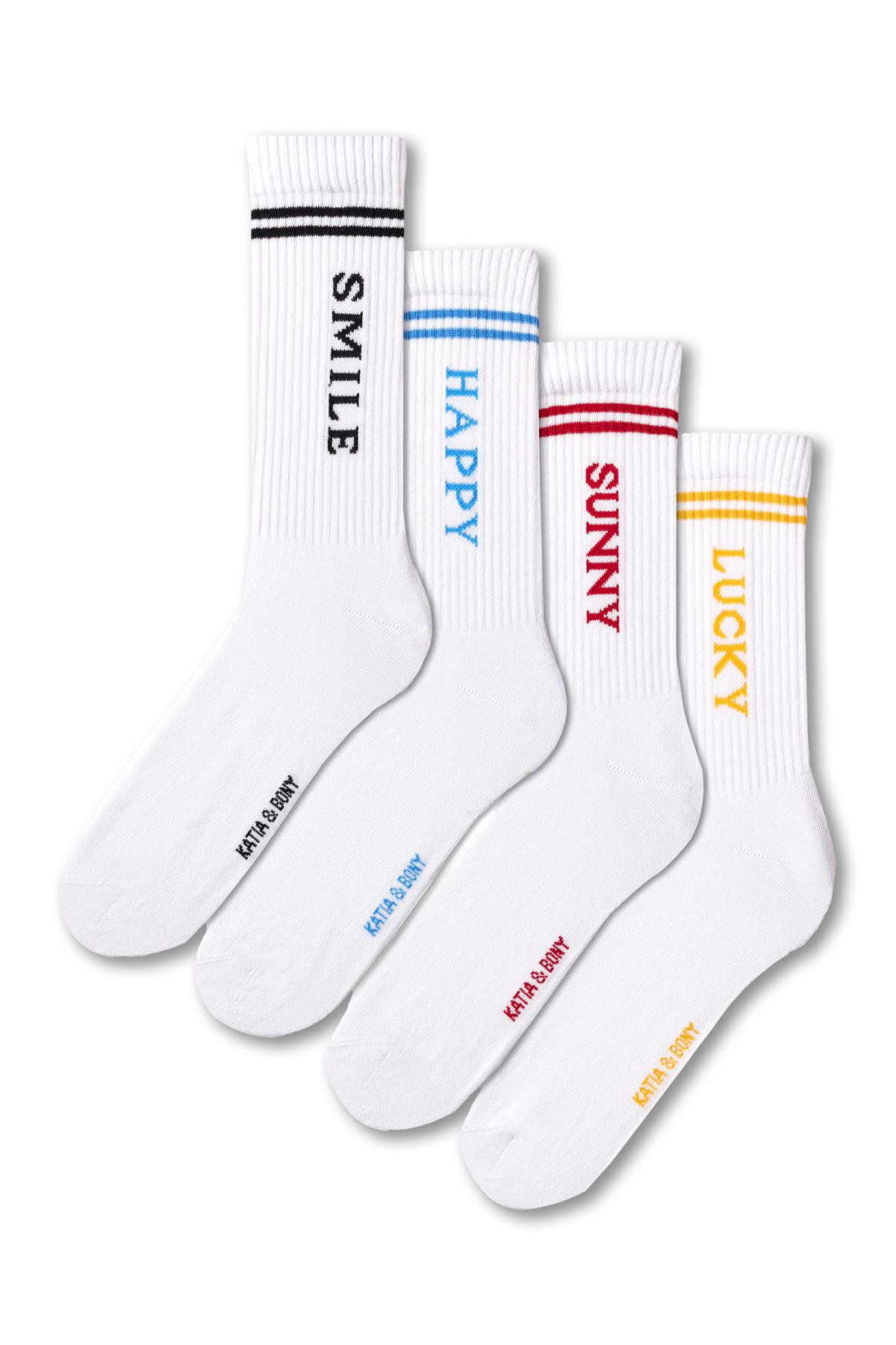 Kadın Yazı Baskılı Çizgili Beyaz 4lü Soket Çorap