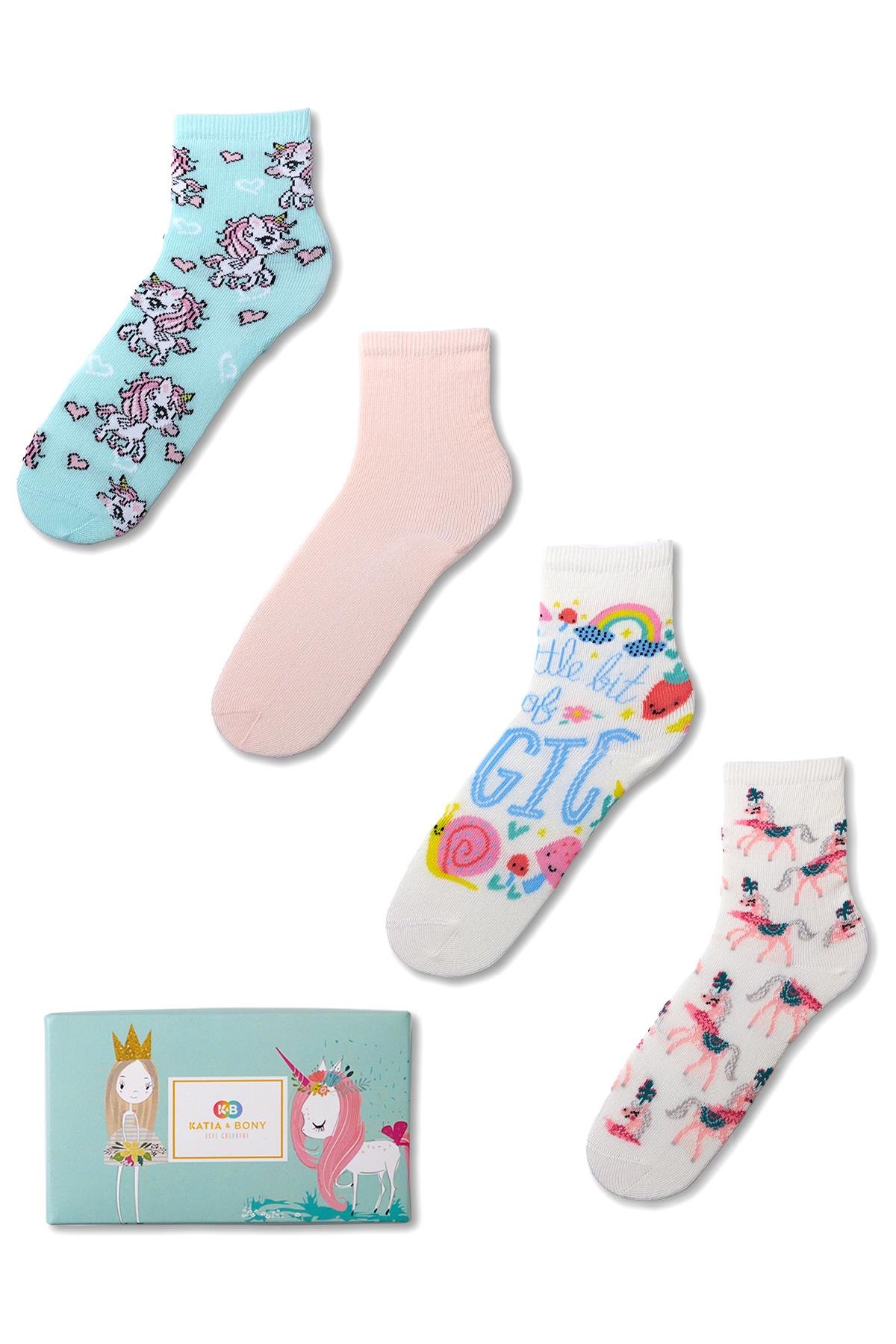 Kız Çocuk Unicorn Desenli 4lü Kutulu Soket Çorap