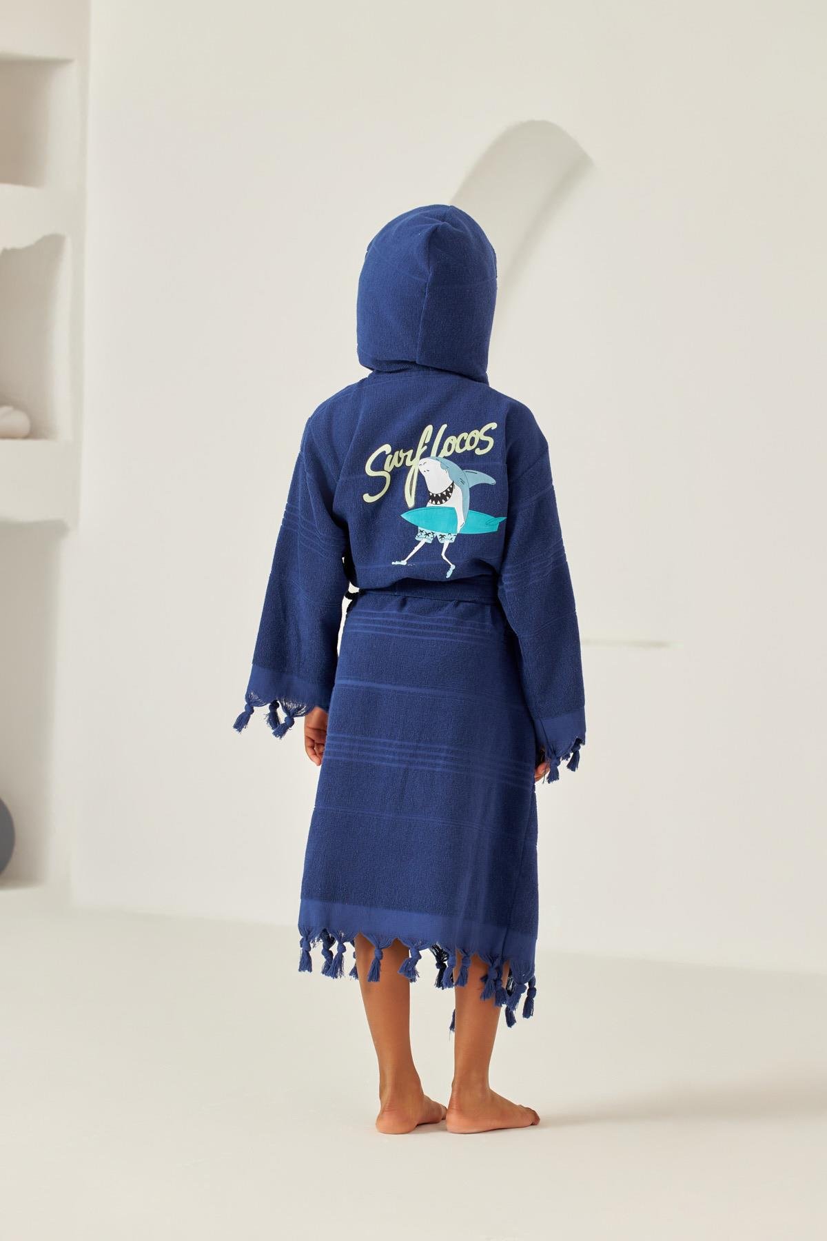 Childrens Navy Blue Shark Print Peshtemal Bathrobe