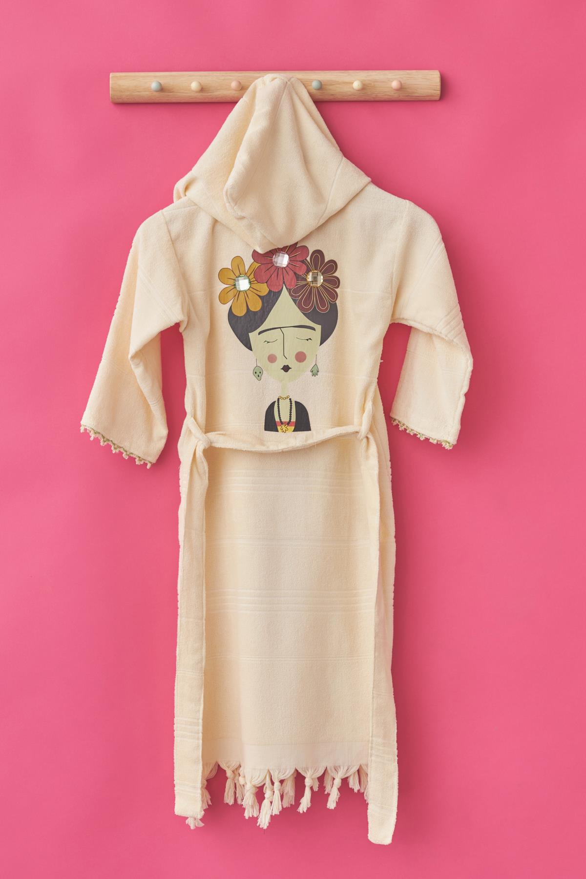 Girls Cream Colored Frida Printed Pestemal Bathrobe