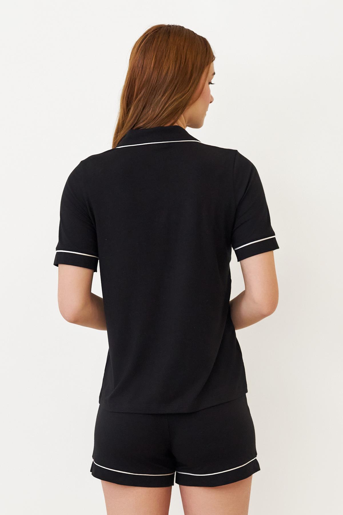 Womens Luxury Buttoned Shorts Pajama Set Black