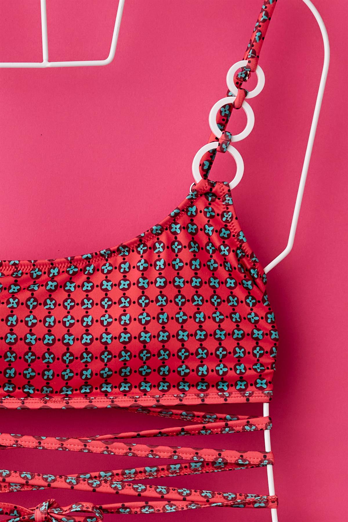 Womens Red Colored Retro Patterned Tie-Up Bikini Top