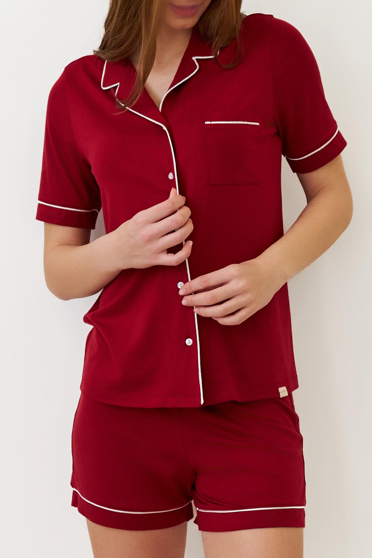 Kadın Luxury Düğmeli Şortlu Pijama Takımı Bordo