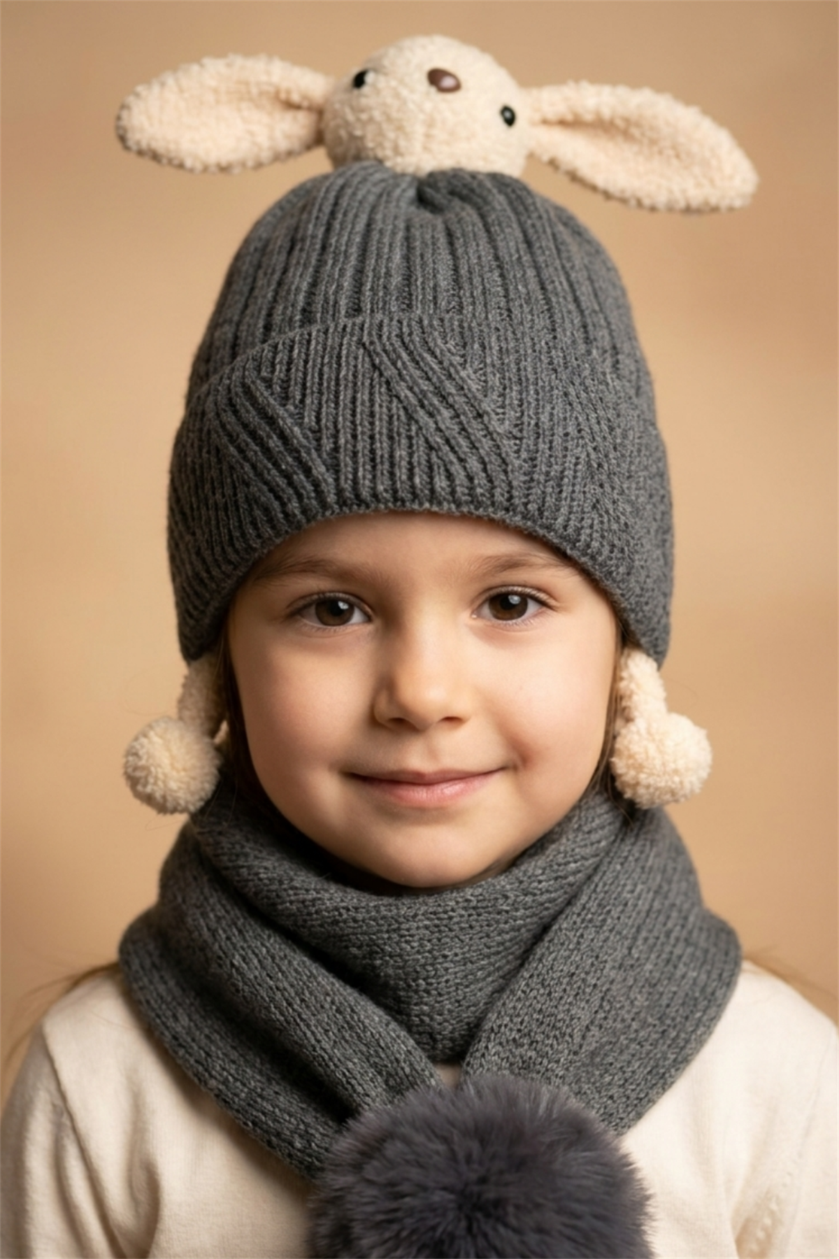 Tavşan Figürlü Antrasit Çocuk Şapka Atkı Takımı