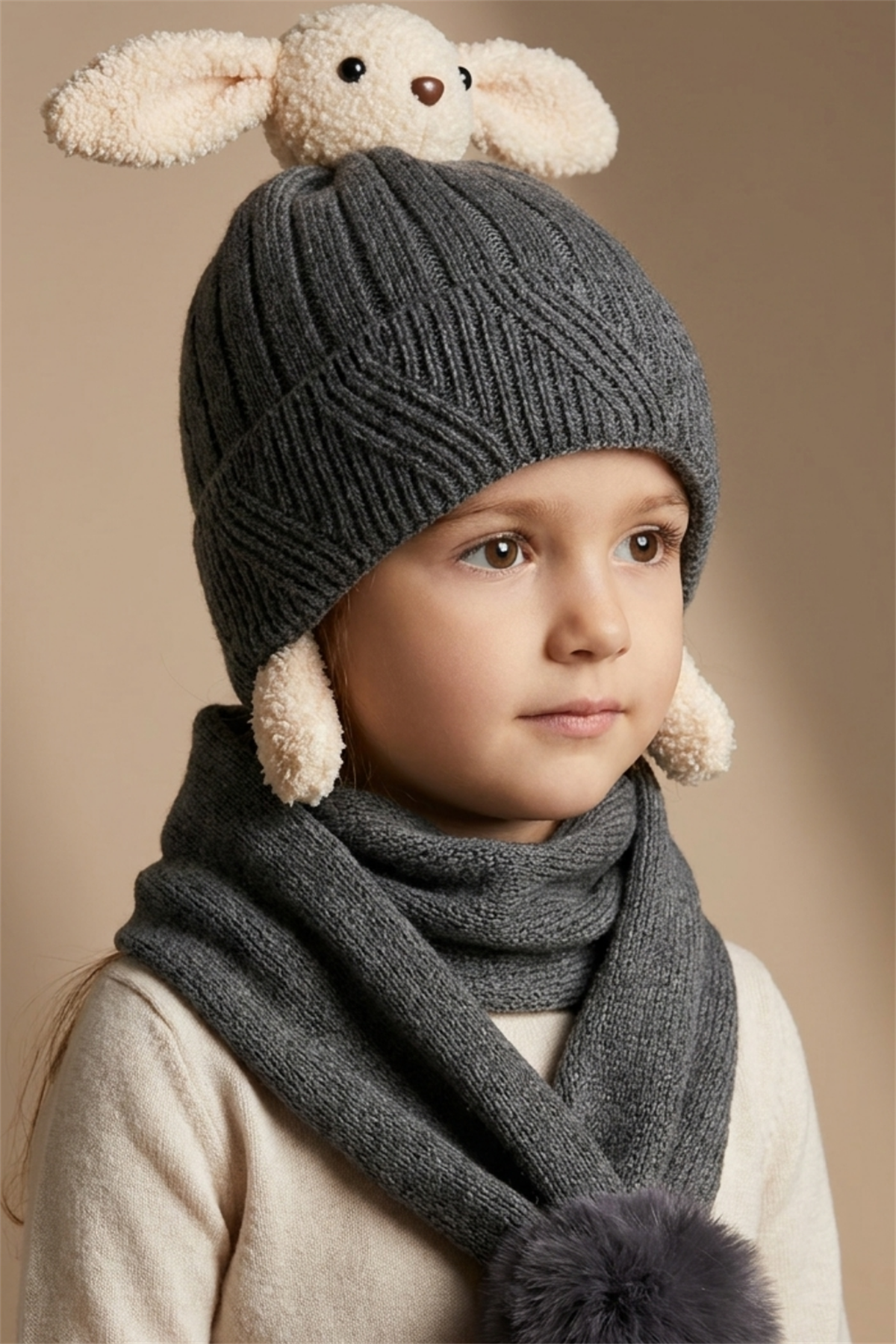 Tavşan Figürlü Antrasit Çocuk Şapka Atkı Takımı