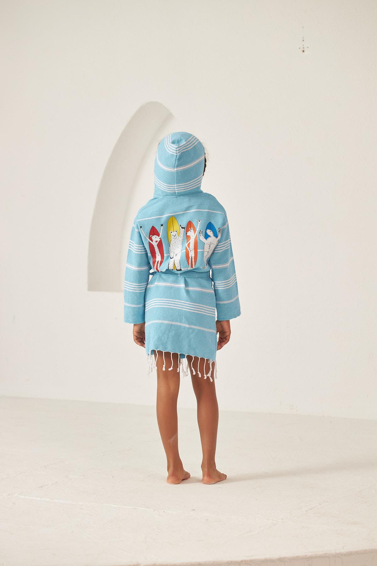Childrens Blue Surfboard Printed Towel Robe