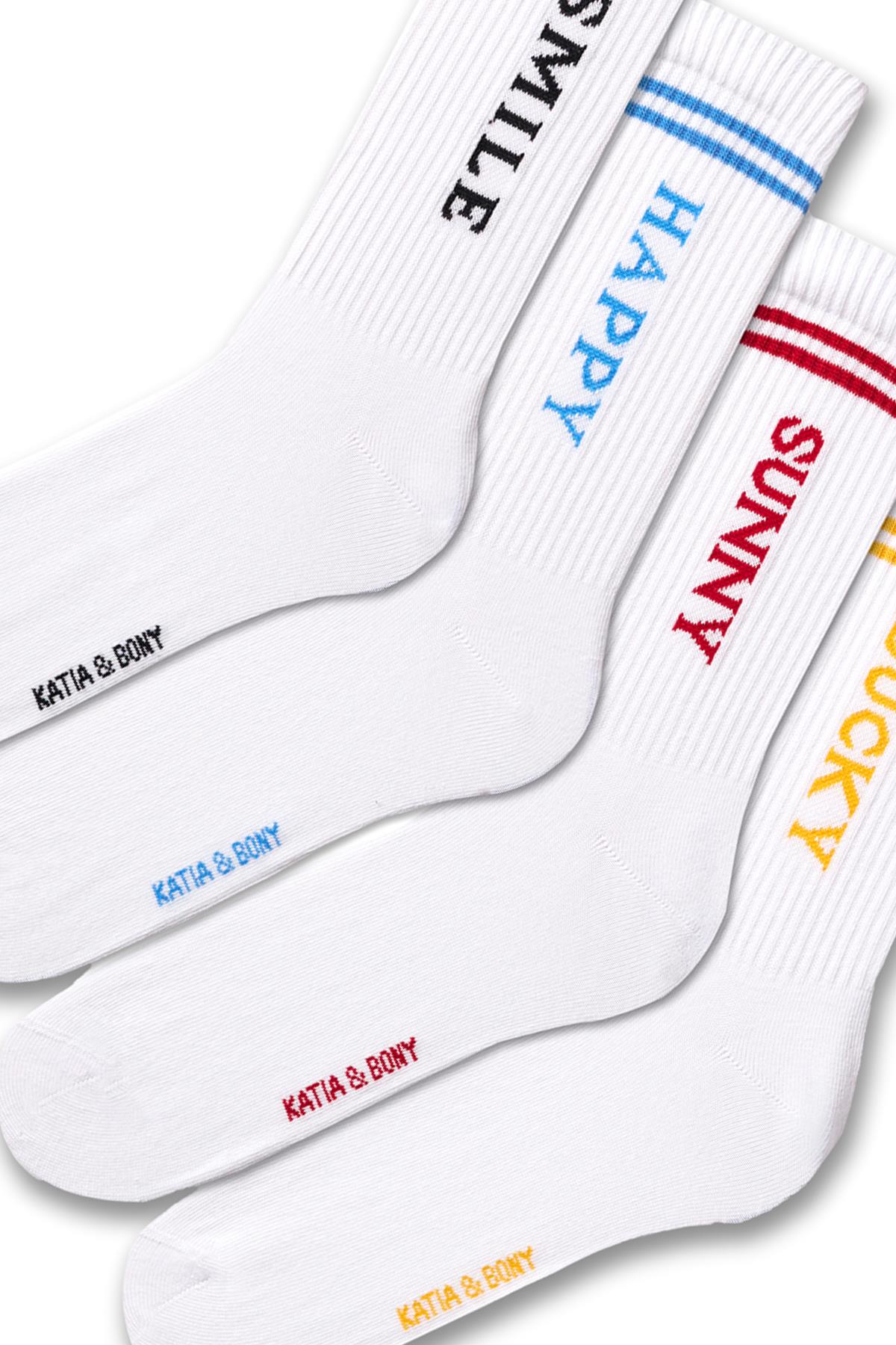 Kadın Yazı Baskılı Çizgili Beyaz 4lü Soket Çorap