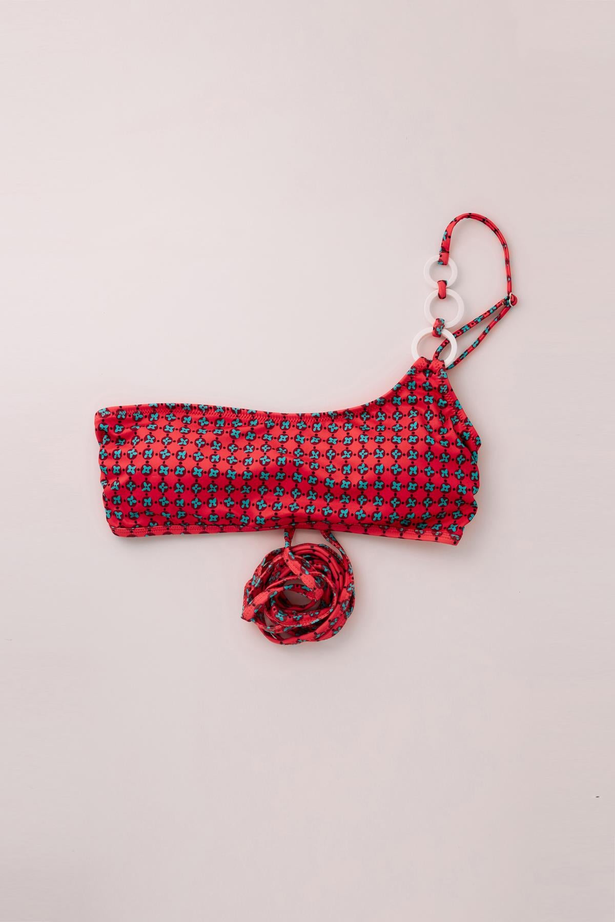 Womens Red Colored Retro Patterned Tie-Up Bikini Top