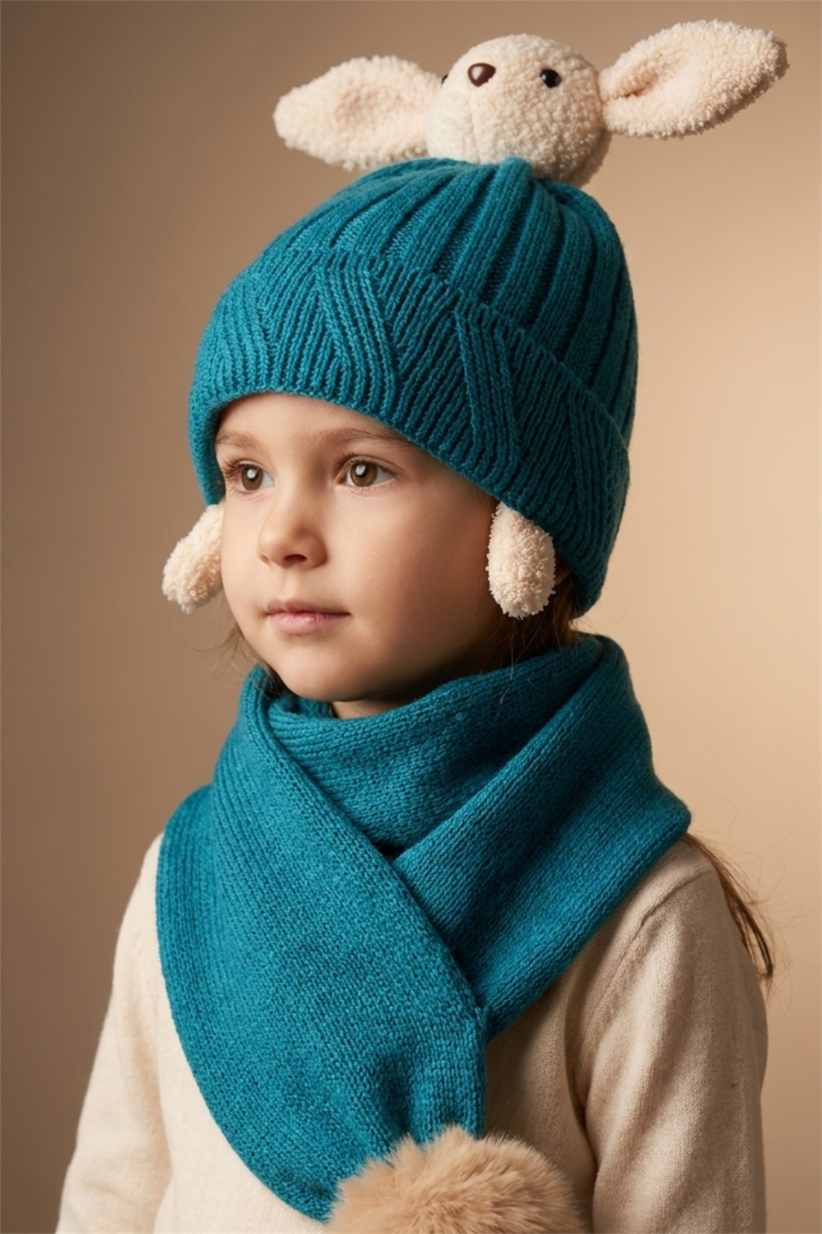 Tavşan Figürlü Koyu Mavi Çocuk Şapka Atkı Takımı