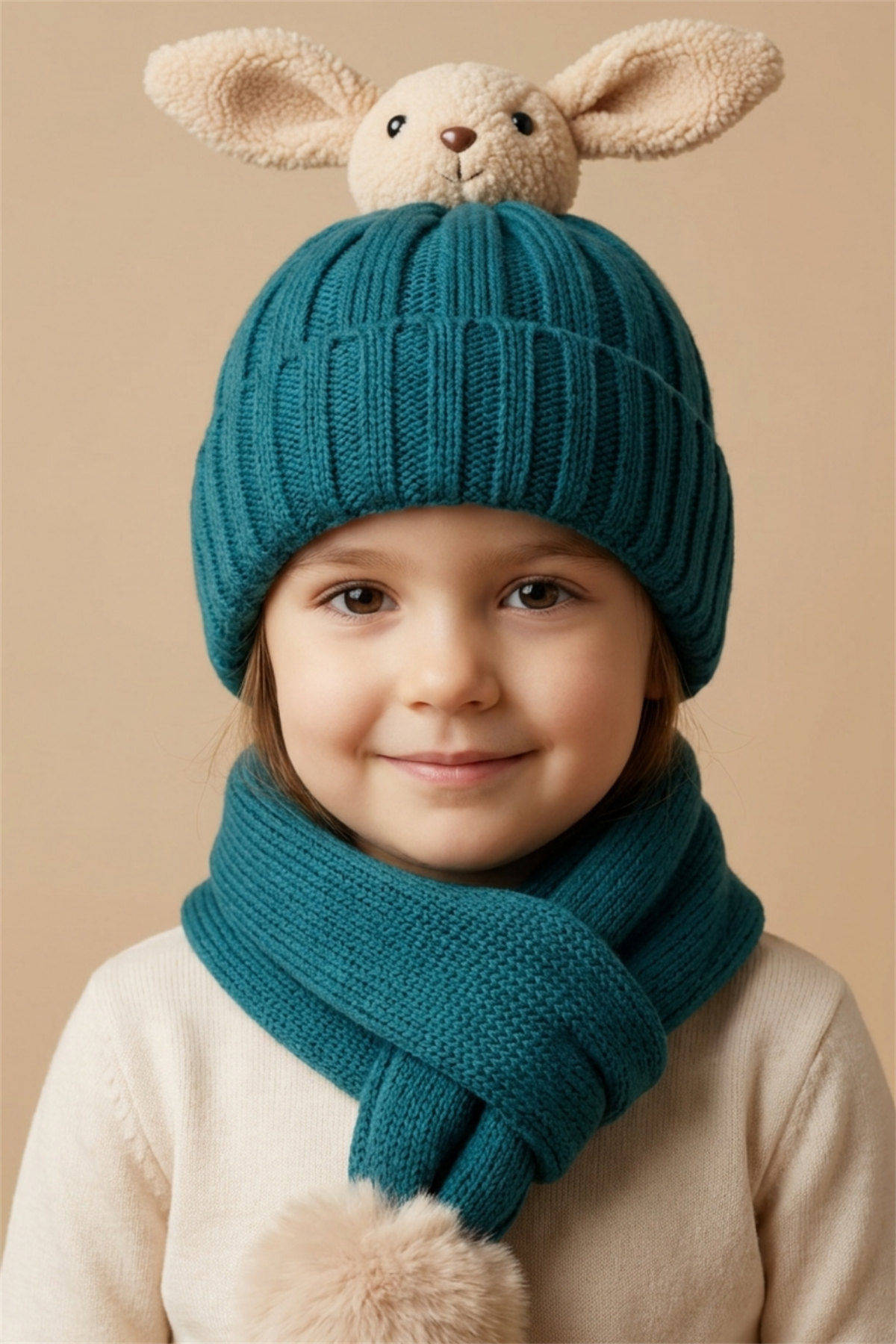 Tavşan Figürlü Koyu Mavi Çocuk Şapka Atkı Takımı