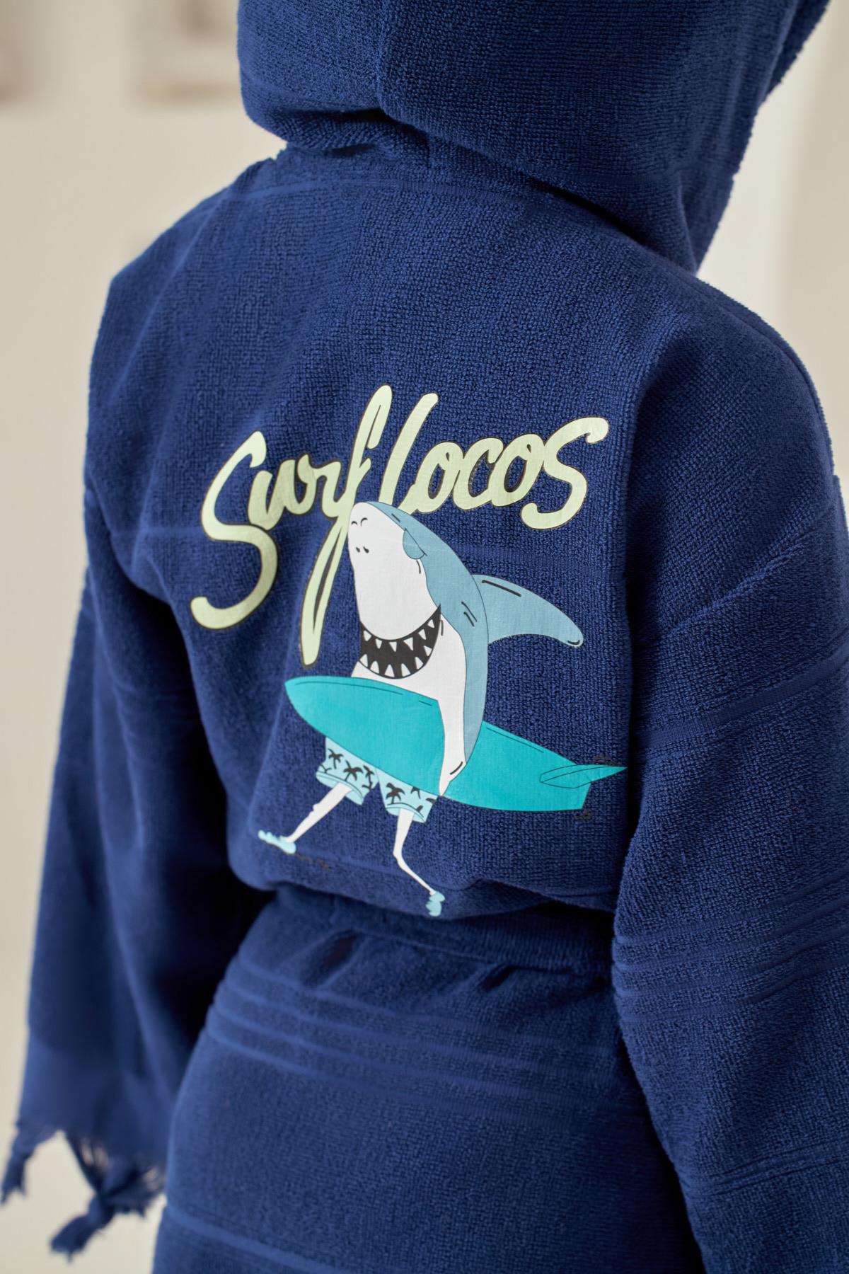 Childrens Navy Blue Shark Print Peshtemal Bathrobe