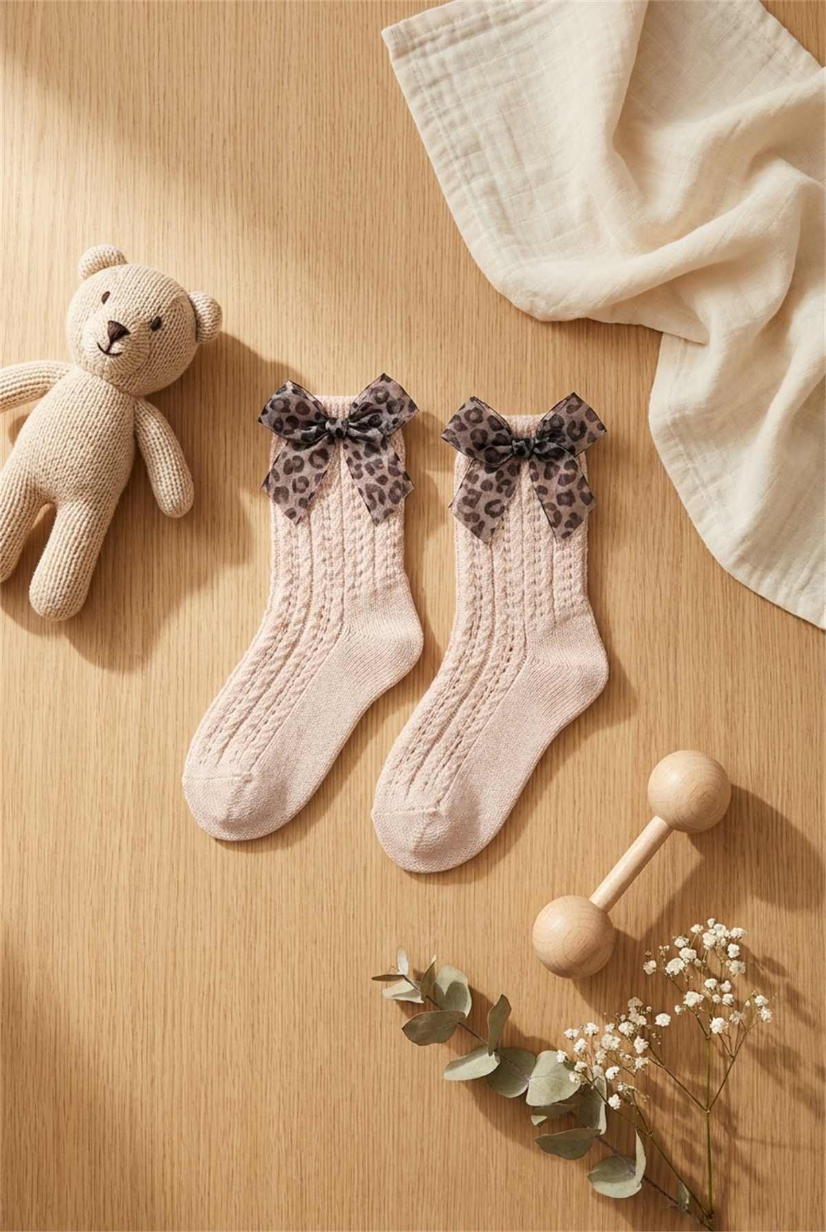 Baby Girl Leopard Tulle Bow Ankle Socks Gray Melange