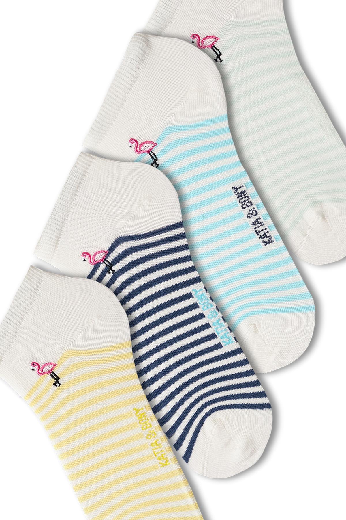 4-Piece Set Girls Striped Flamingo Pattern Ankle Socks