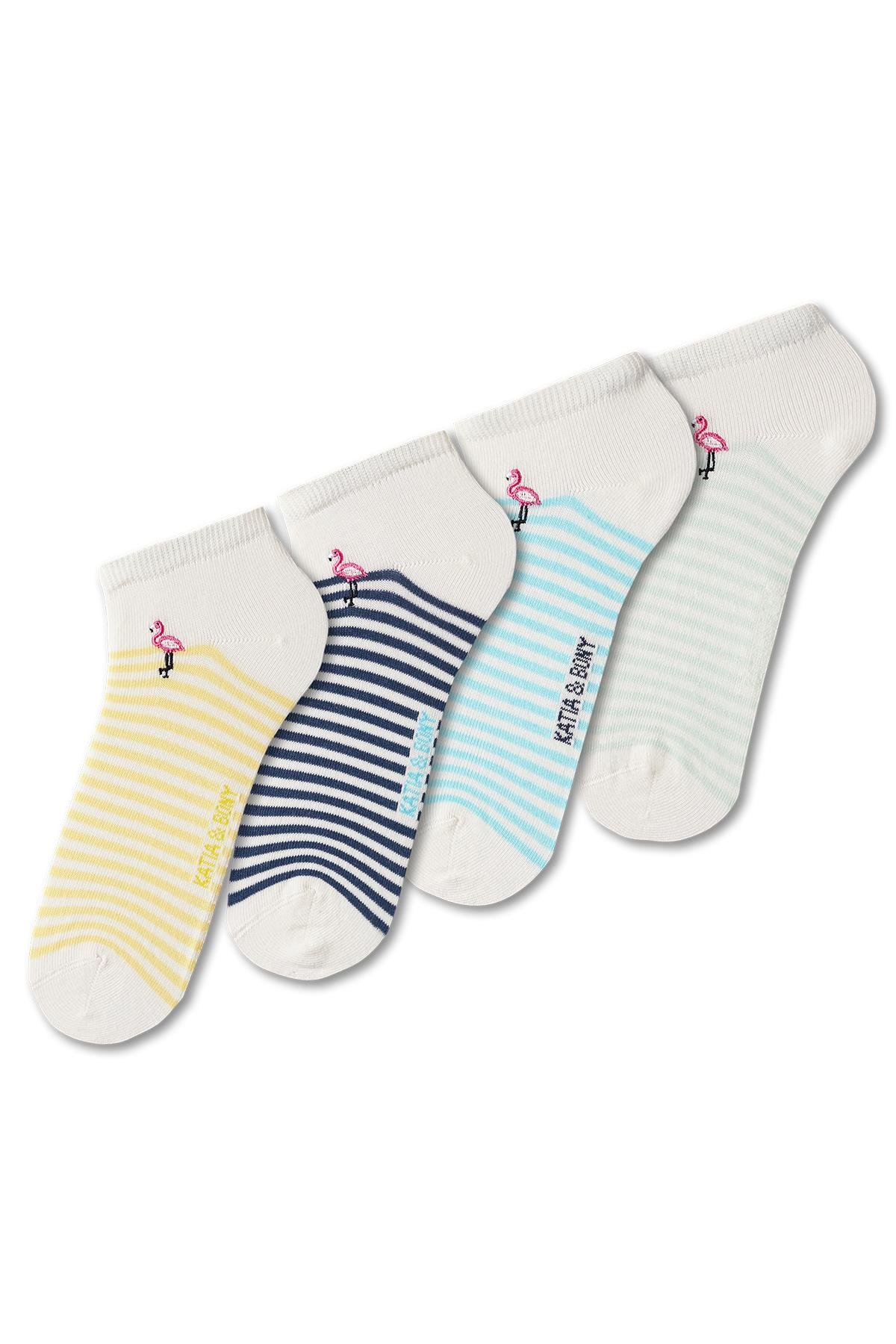 4-Piece Set Girls Striped Flamingo Pattern Ankle Socks