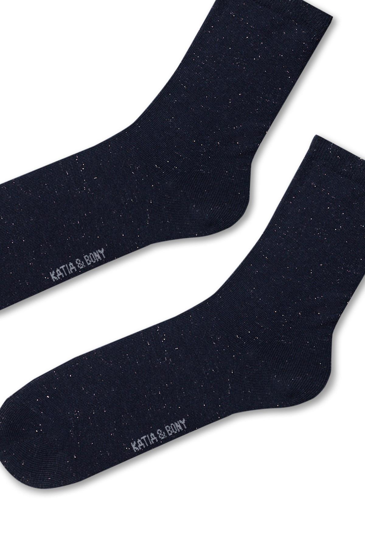 Womens Navy Colored Glitter Detailed Sock