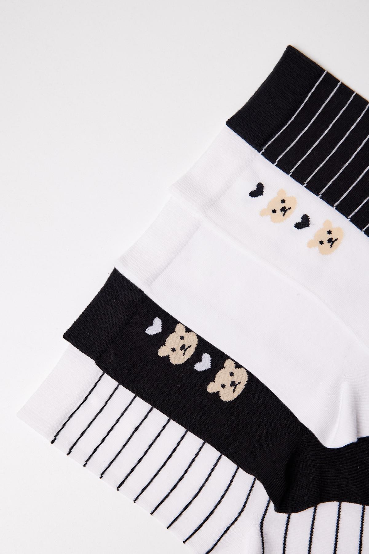 5li Teddy Baskılı Çizgili Soket Çorap