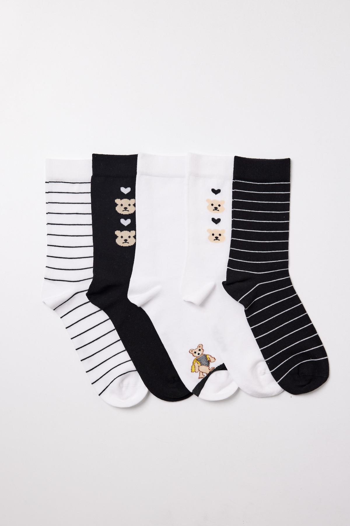 5li Teddy Baskılı Çizgili Soket Çorap