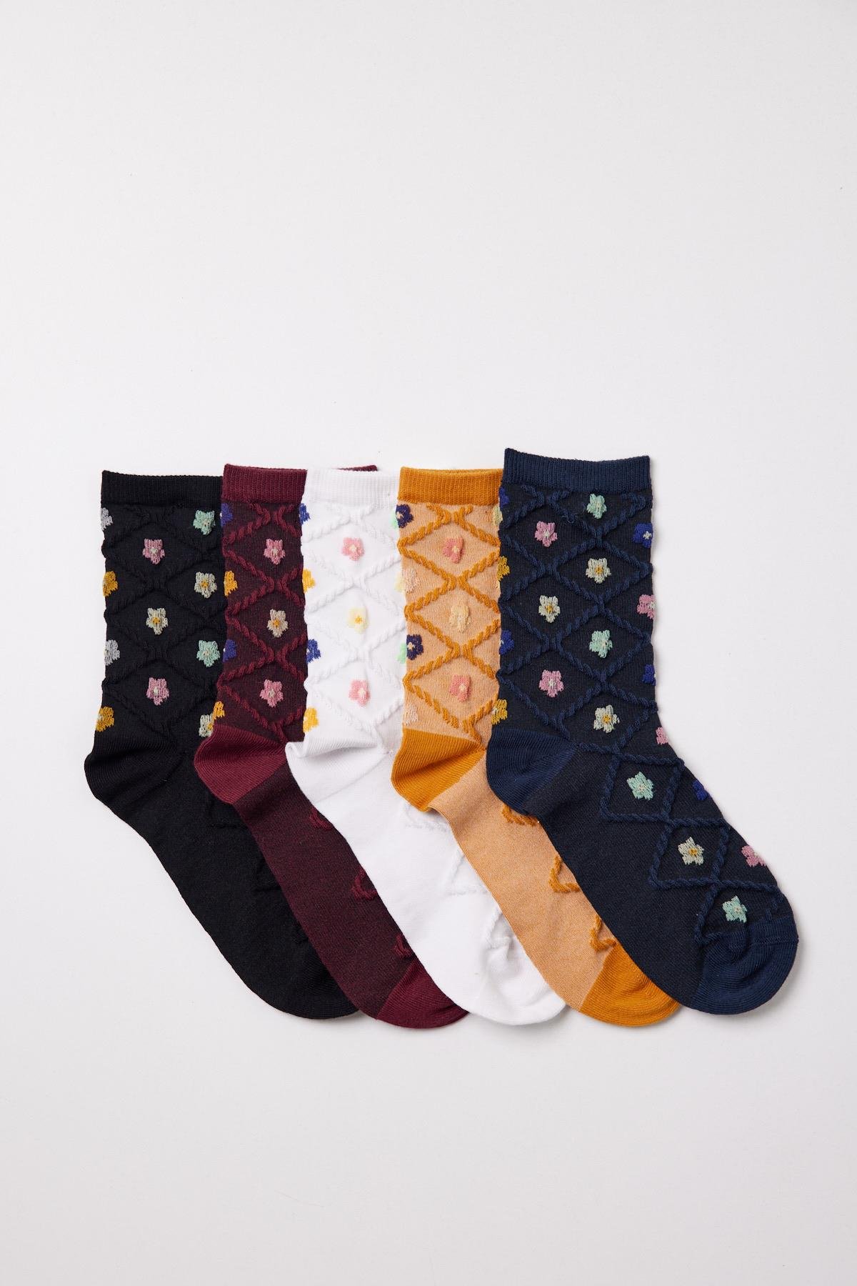 12401G2035  5PCK KADIN SOKET ÇORAP Desenli