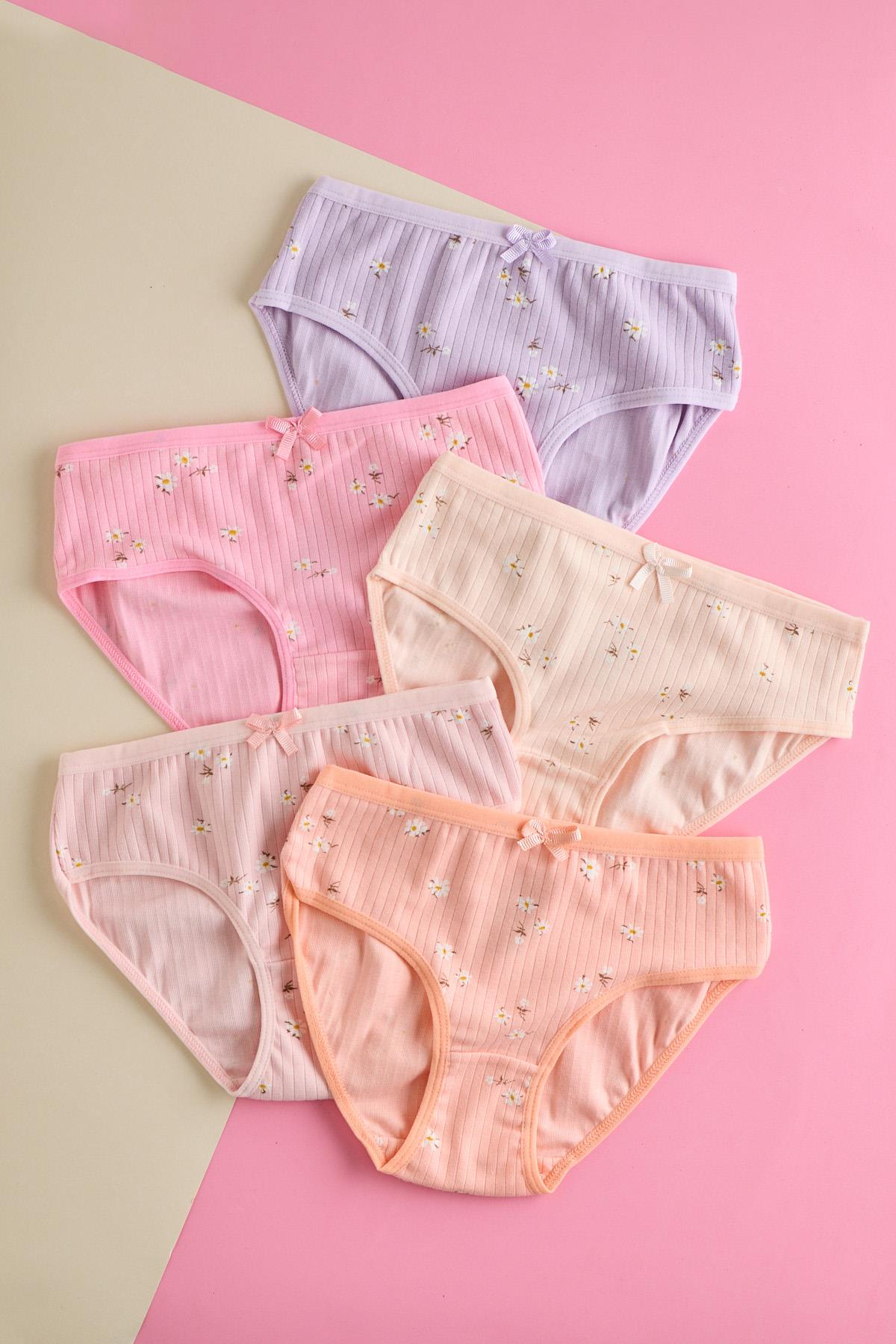 5-Pack Floral Patterned Ribbed Girls Underwear