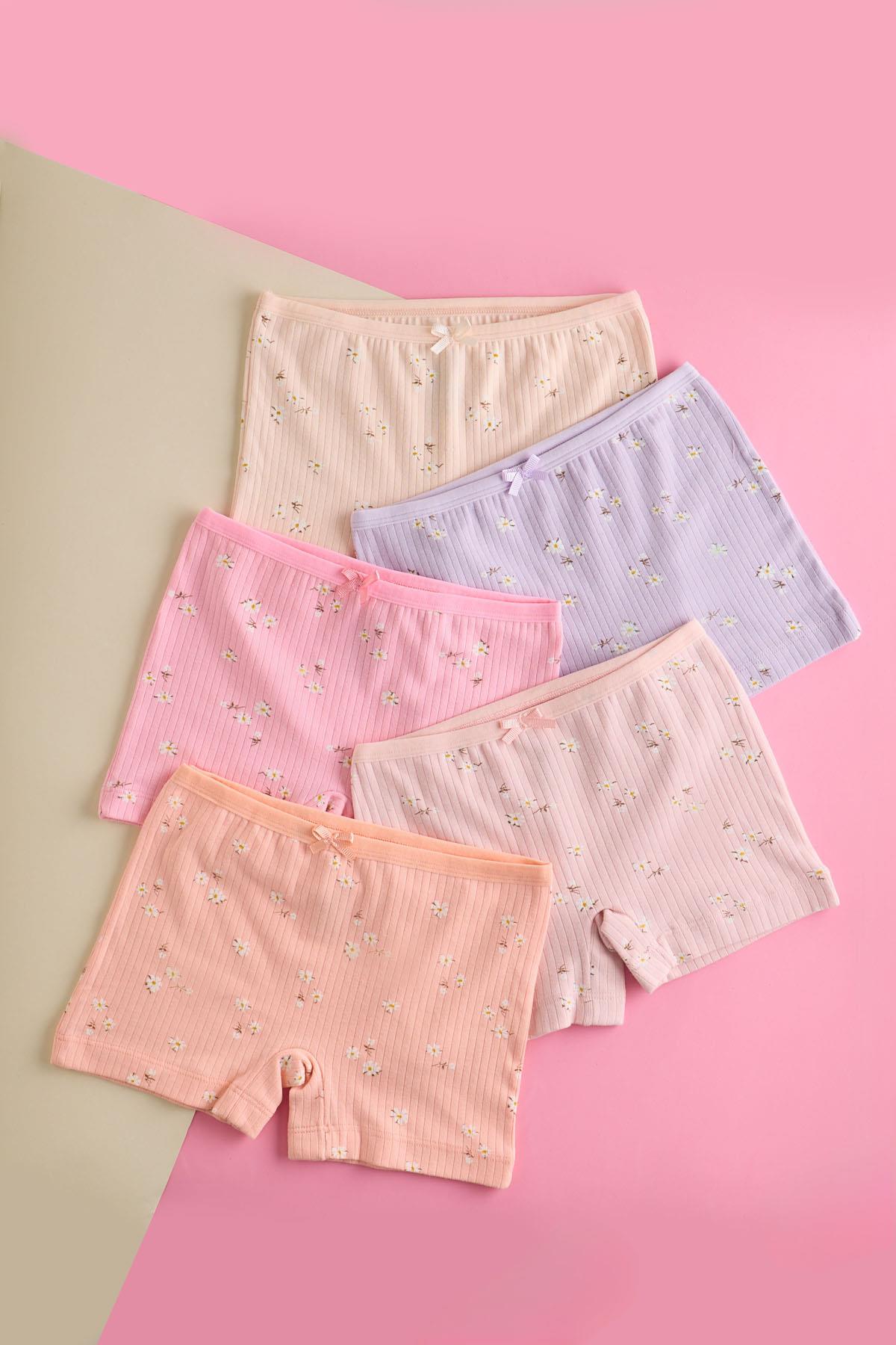 Girls 5-Pack Bow-Decorated Ribbed Boxer Multi-Color