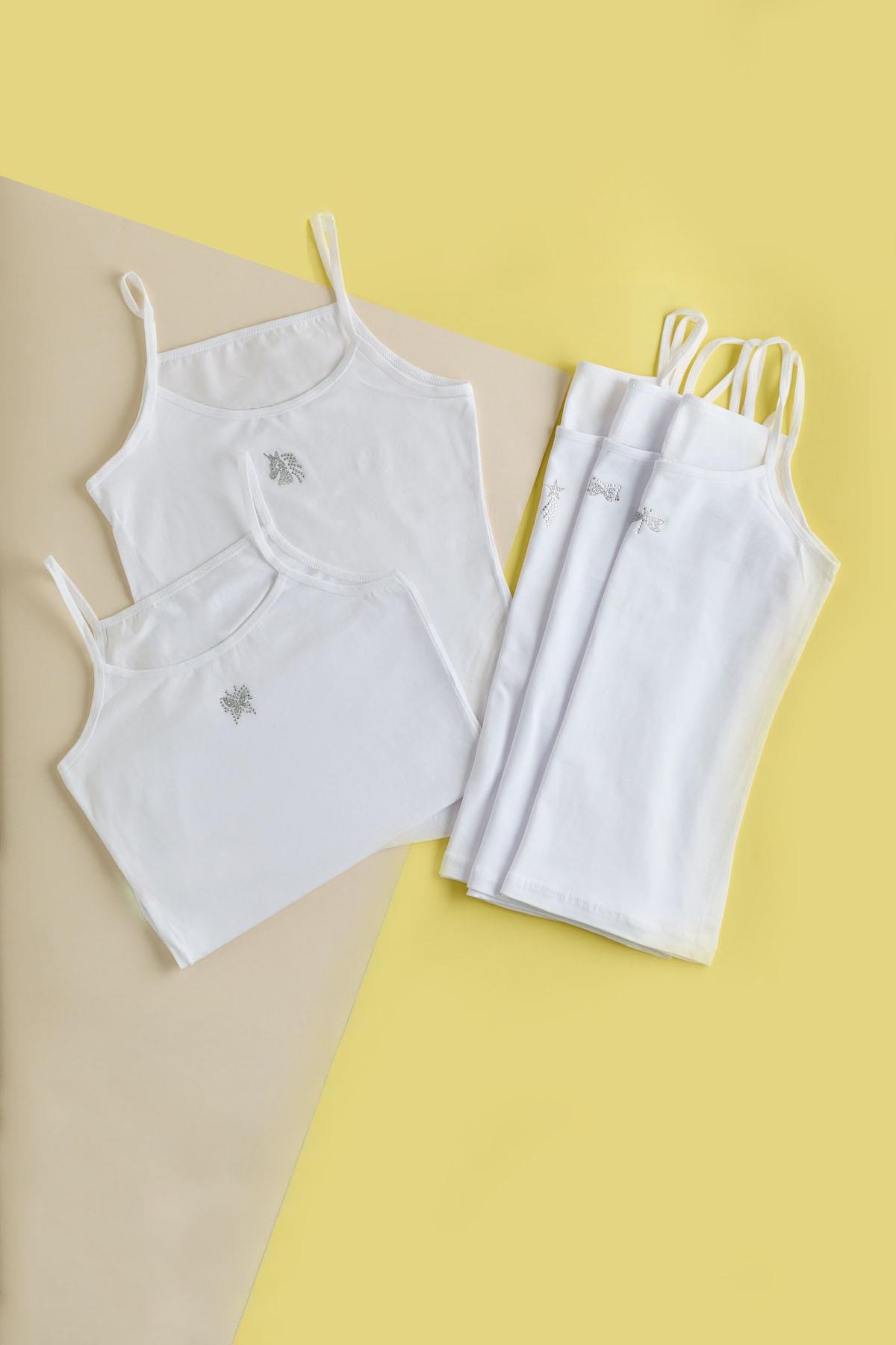 12401G2267 KIZ ÇOCUK TAŞ BASKILI İNCE ASKILI ATLET Beyaz