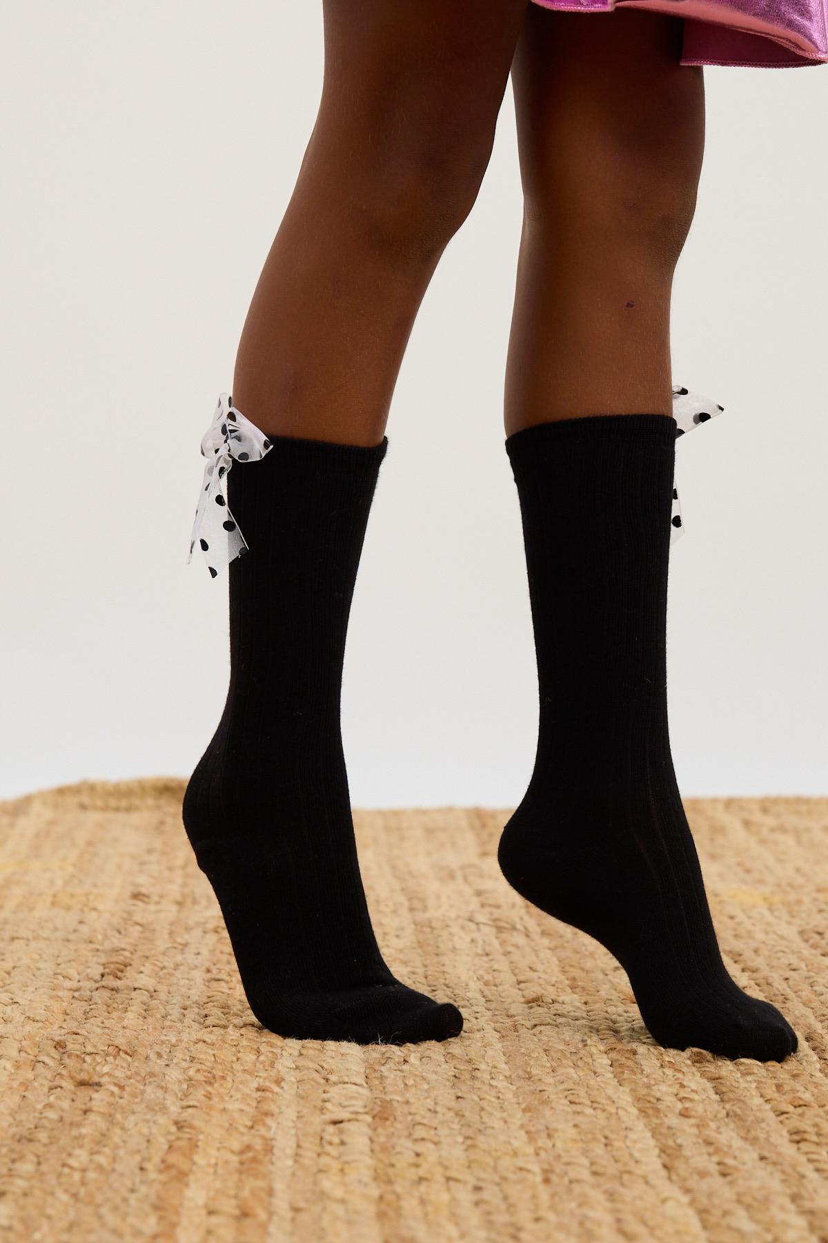Girls Polka Dot Bow Knee-High Socks Black