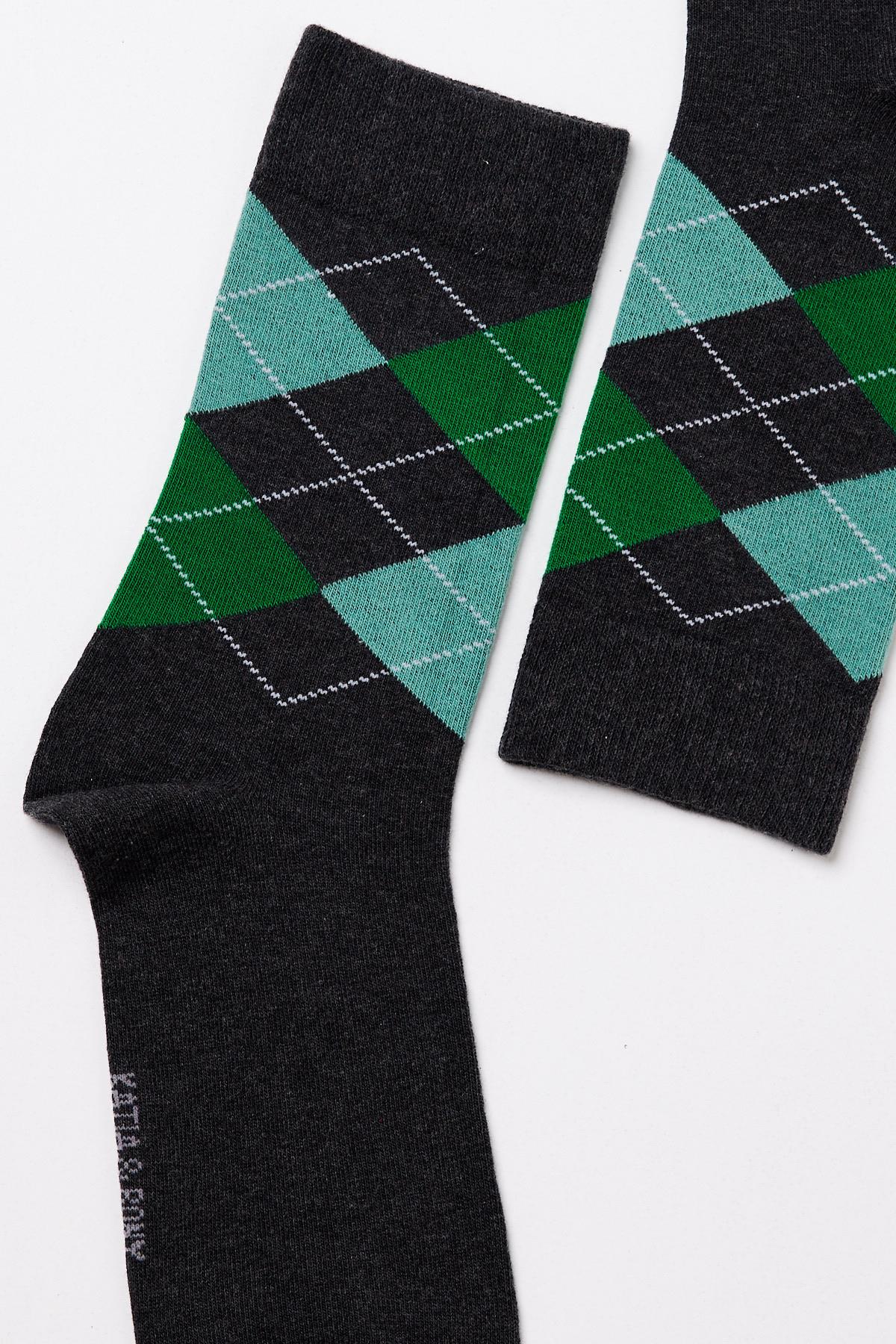 Erkek Ekose Desenli Soket Çorap Gri Melanj- Yeşil