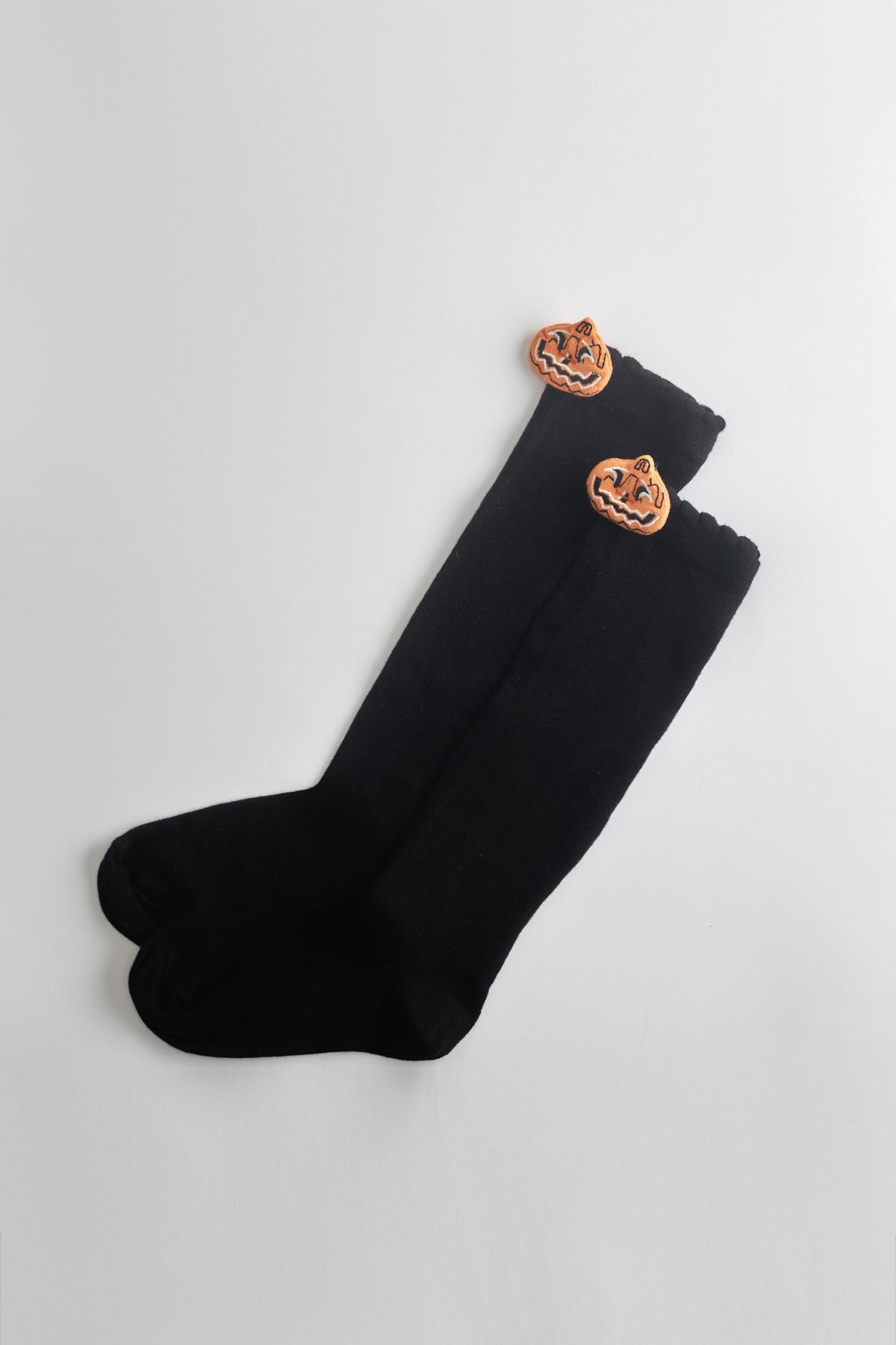 Girls Halloween Detailed Knee-High Socks Black