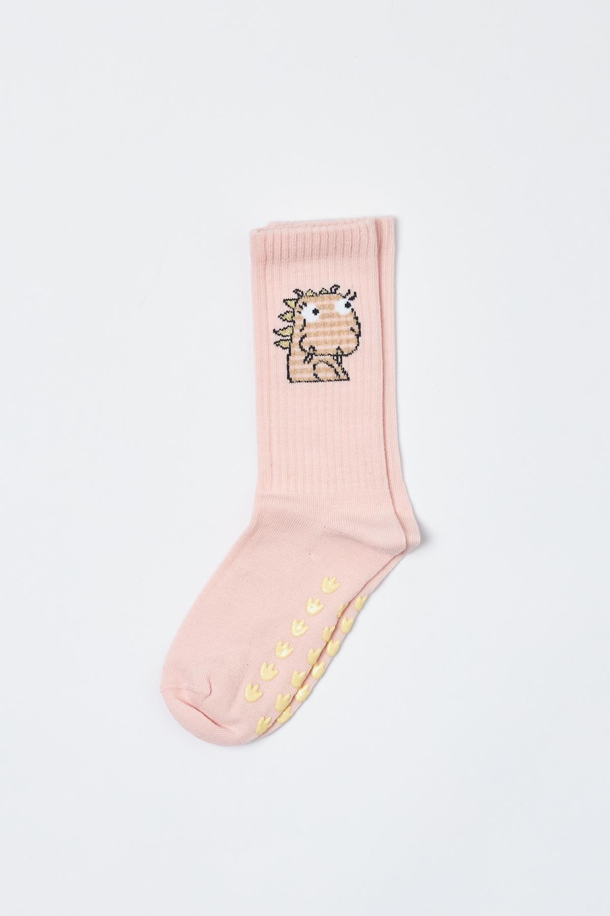 Childrens Cute Dinosaur Patterned Ankle Socks Pink
