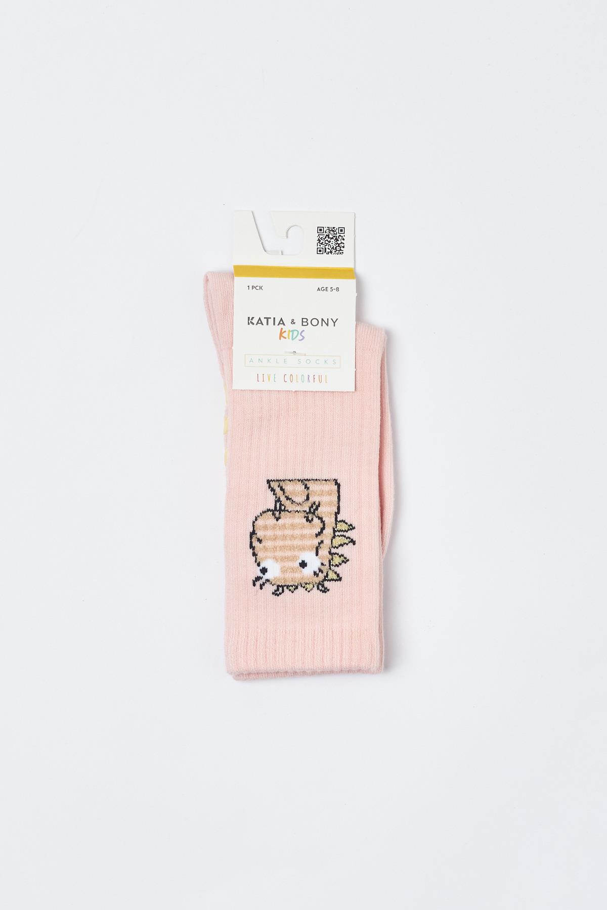 Childrens Cute Dinosaur Patterned Ankle Socks Pink