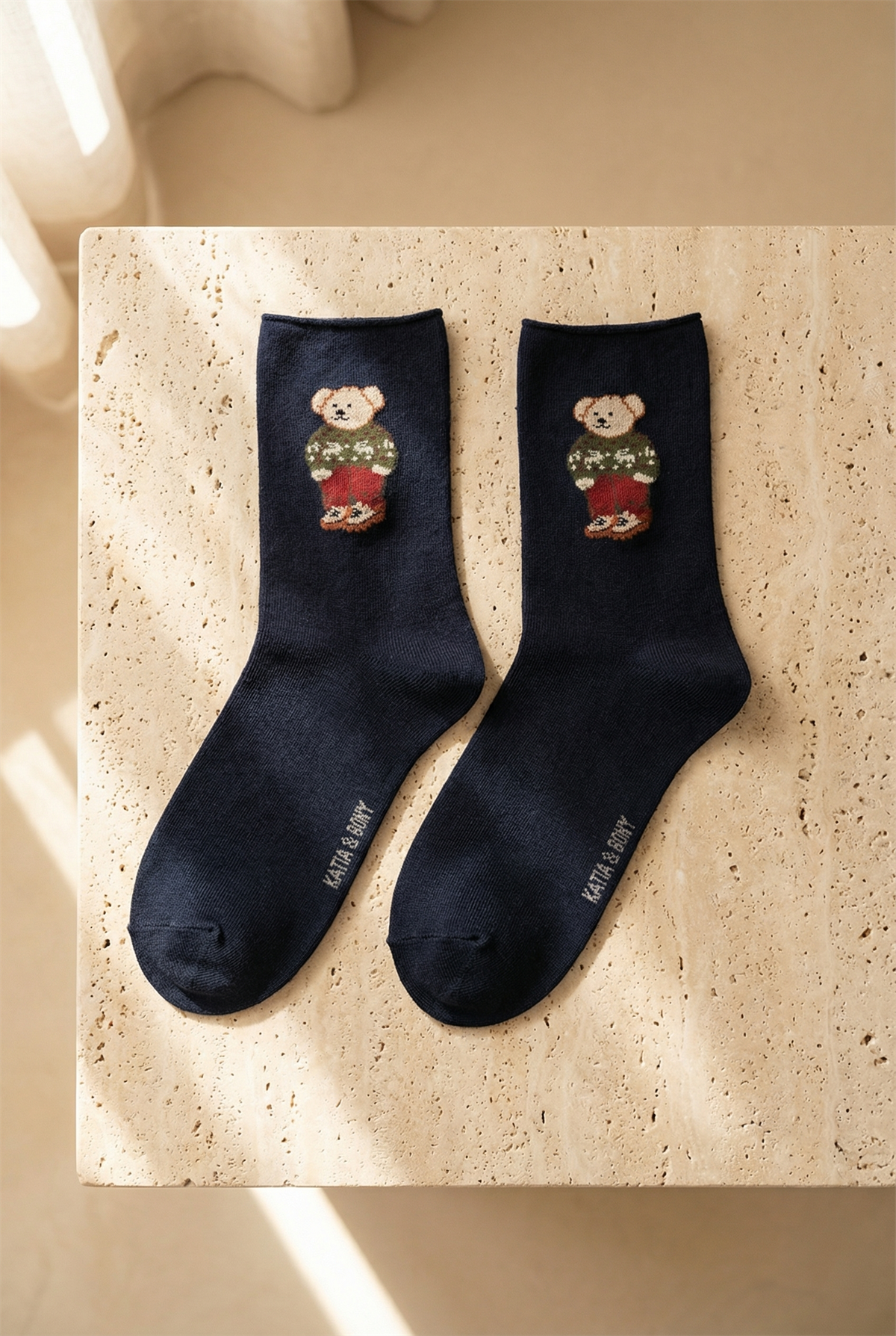 Kadın Teddy Desenli Lastiksiz Modal Soket Çorap Koyu Lacivert