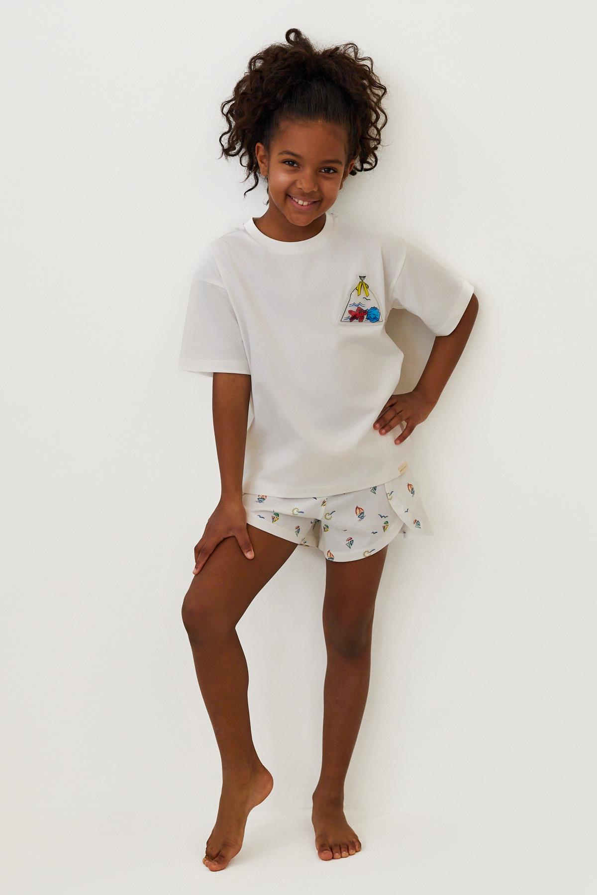 Girls Seageo Fish Print Shorts Pajama Set Ecru