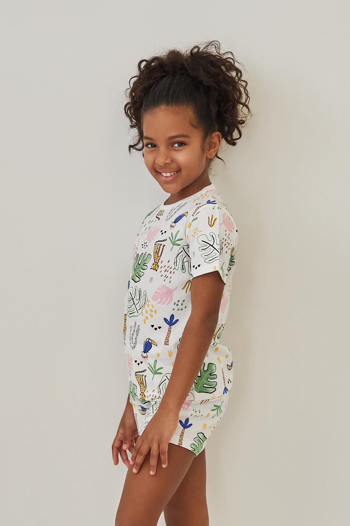 Girls Safari Patterned Shorts Pajama Set Ecru