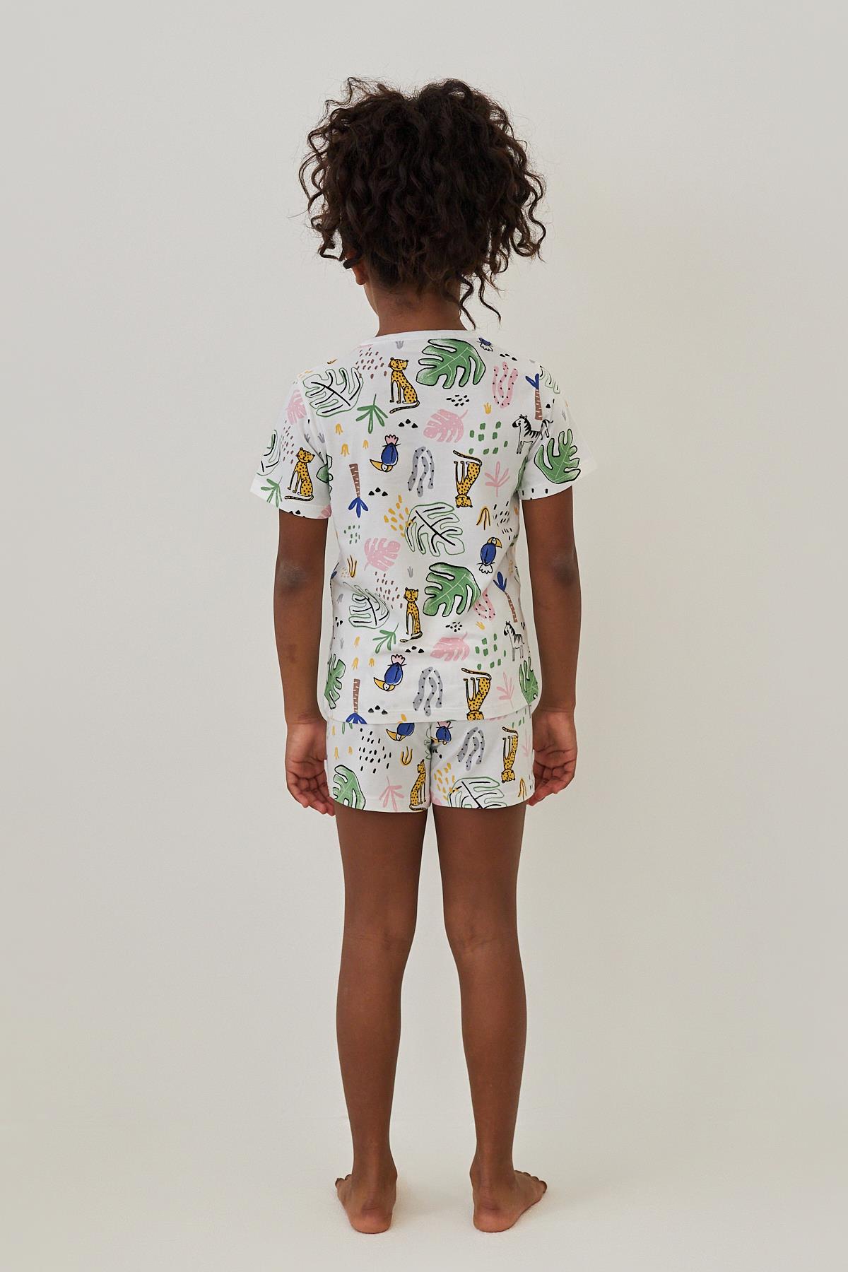 Girls Safari Patterned Shorts Pajama Set Ecru