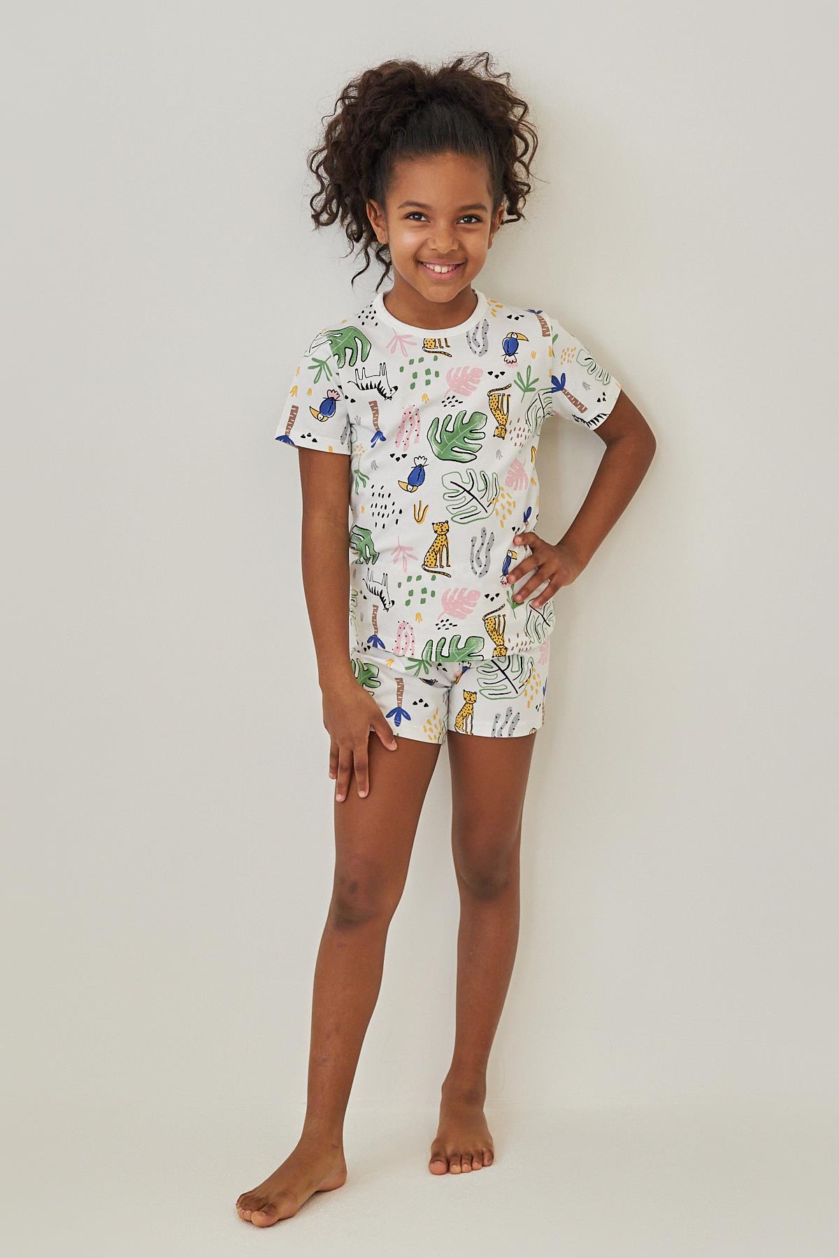 Girls Safari Patterned Shorts Pajama Set Ecru