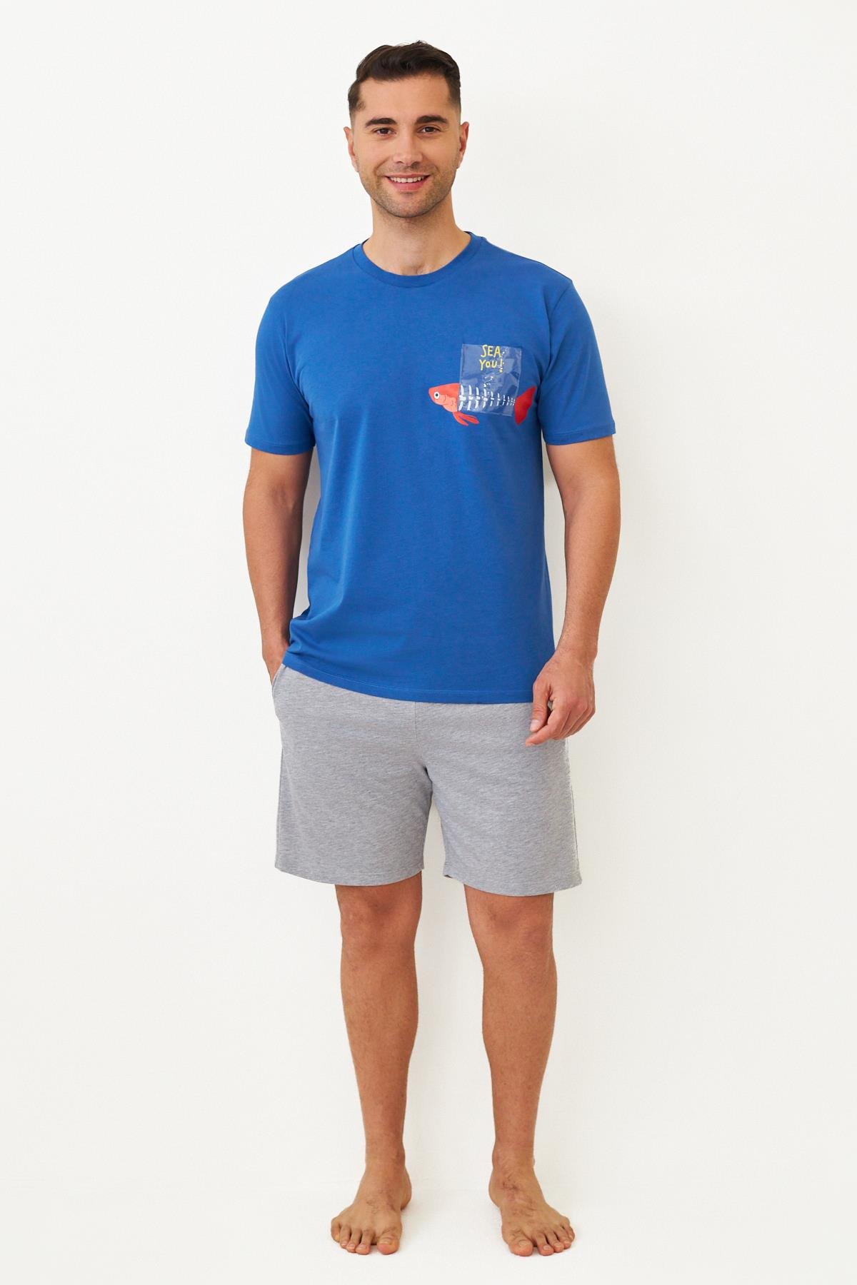 Mens Frill Wave Fish Patterned Pajama Set Navy