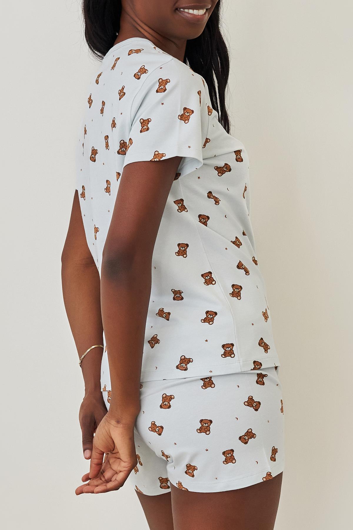 Kadın Teddy Desenli Şortlu Pijama Takımı Açık Mavi